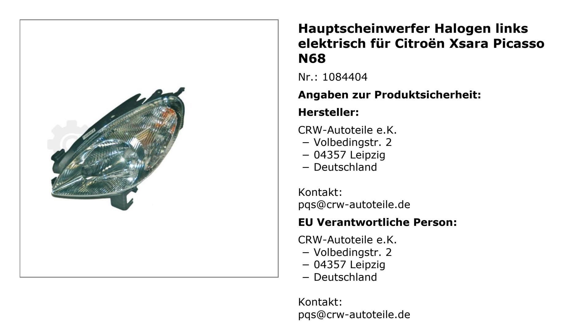 Halogen Scheinwerfer links für Citroen Xsara Picasso 11.99-12.03 H4 1084404