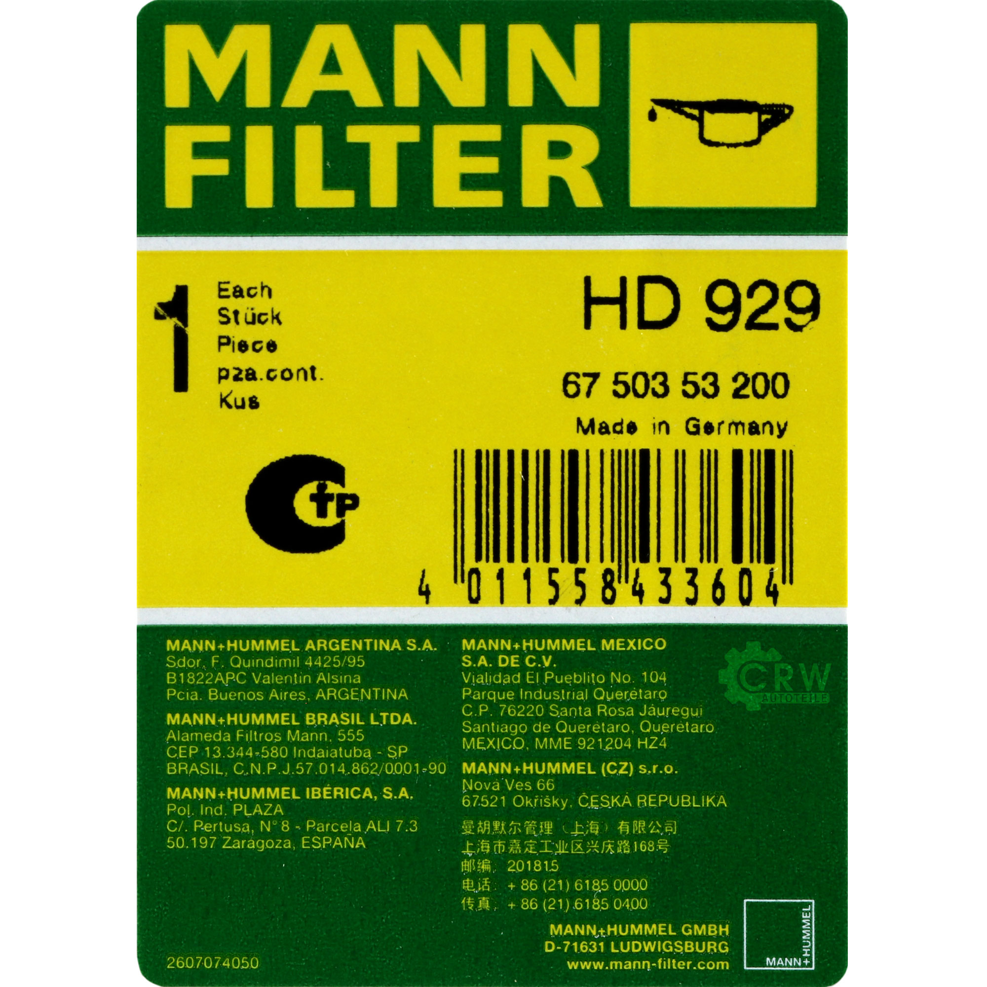MANN-FILTER Filter für Arbeitshydraulik HD 929 Ölfilter Oil