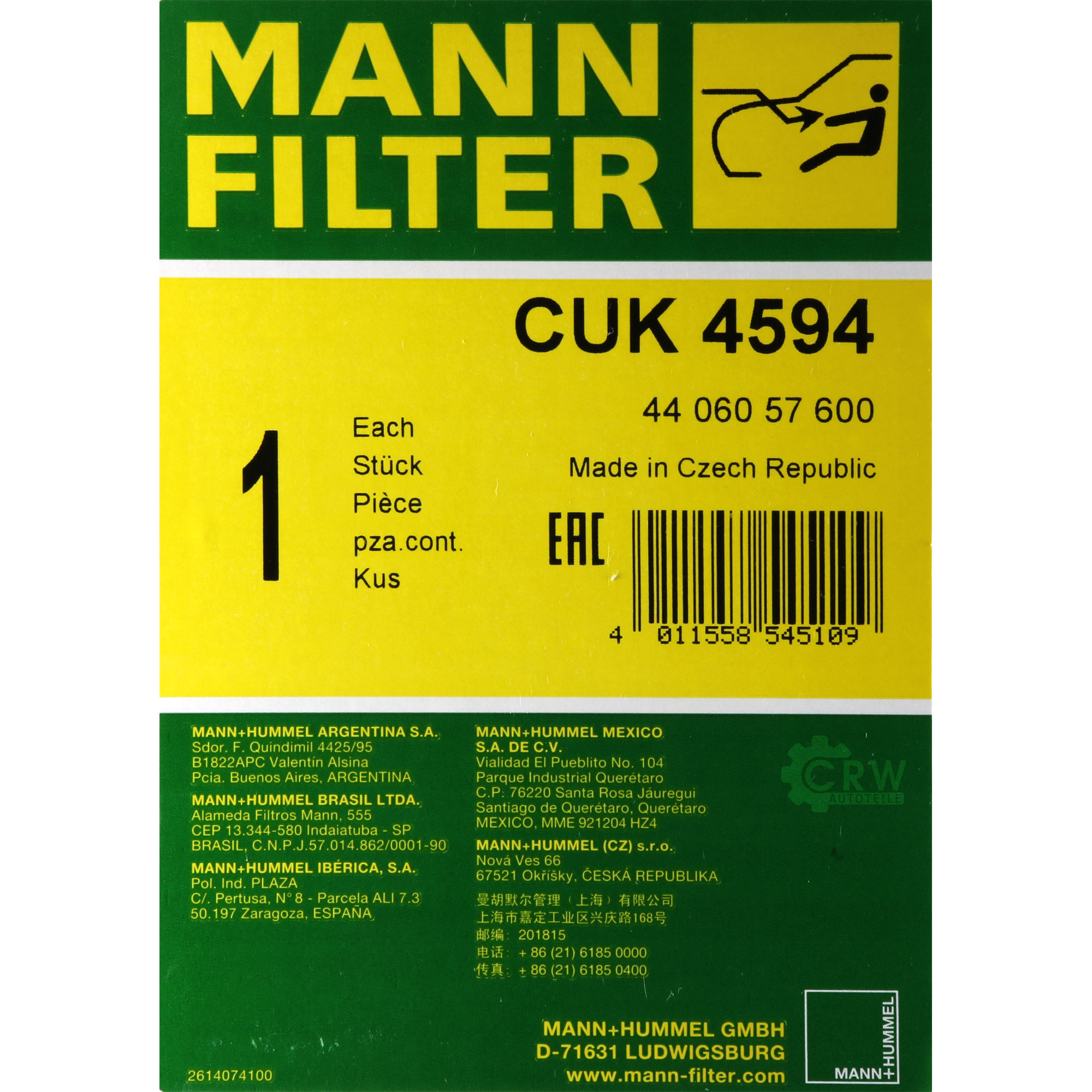MANN-FILTER CUK 4594 Innenraumluft Pollenfilter Innenraumfilter