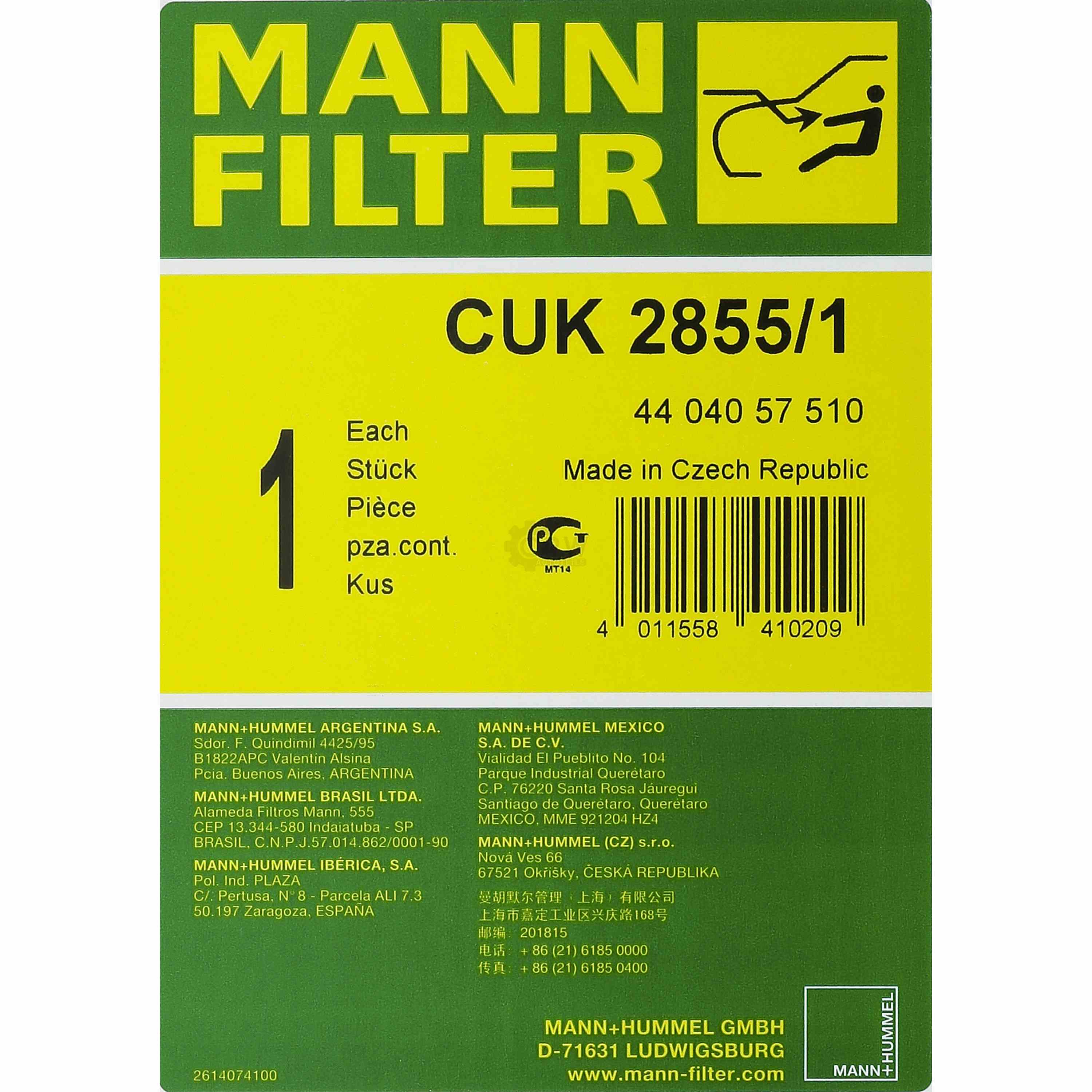 MANN-FILTER Innenraumfilter Pollenfilter Aktivkohle CUK 2855/1