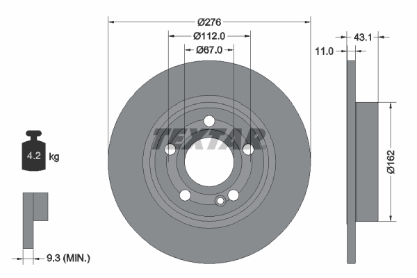 TEXTAR Bremsscheibe hinten Ø276mm Voll für Mercedes-Benz A-Klasse W177 CLA C118