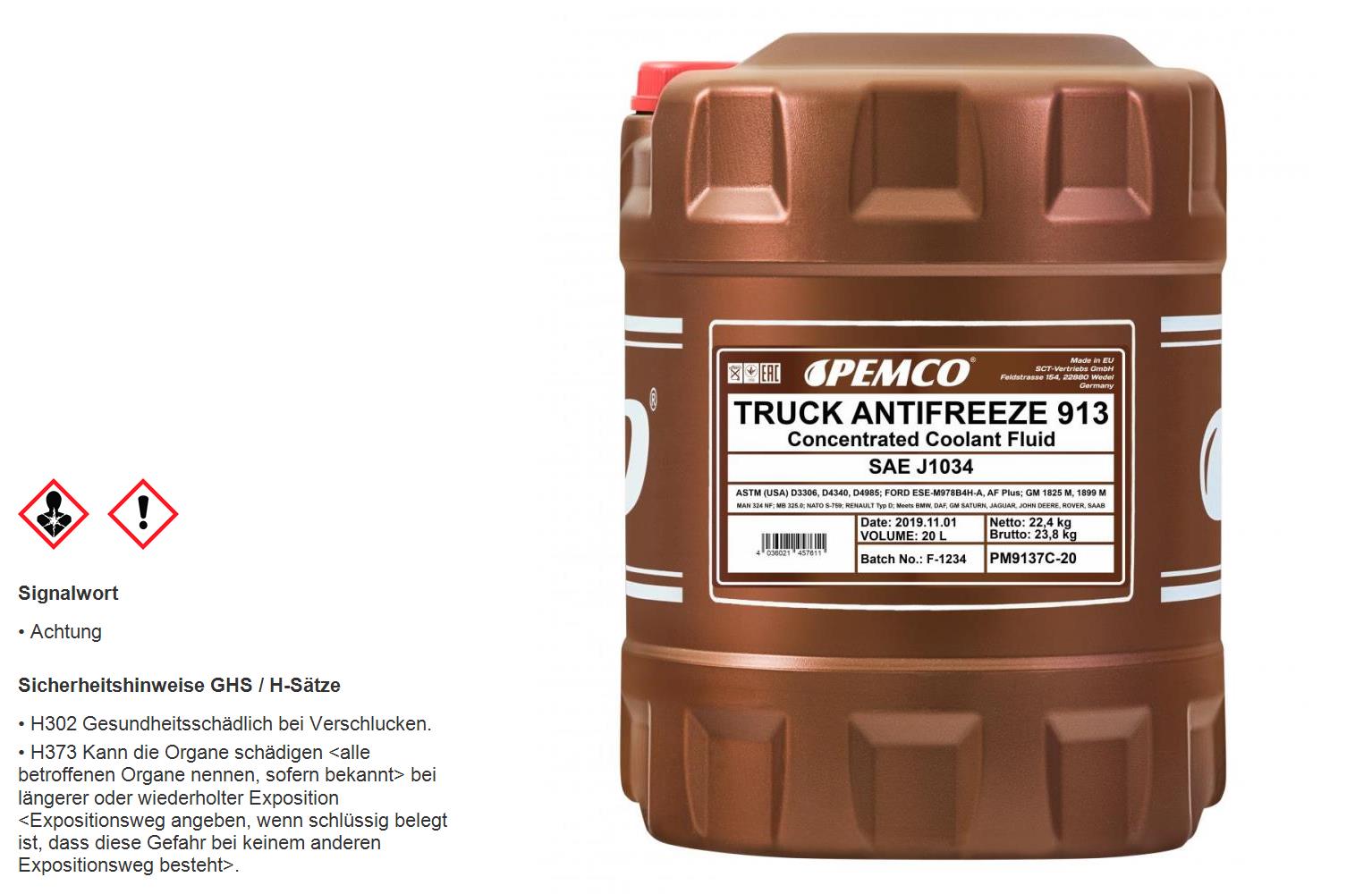 PEMCO 20 Liter Truck Antifreeze 913 Kühlerfrostschutz Kühlmittel