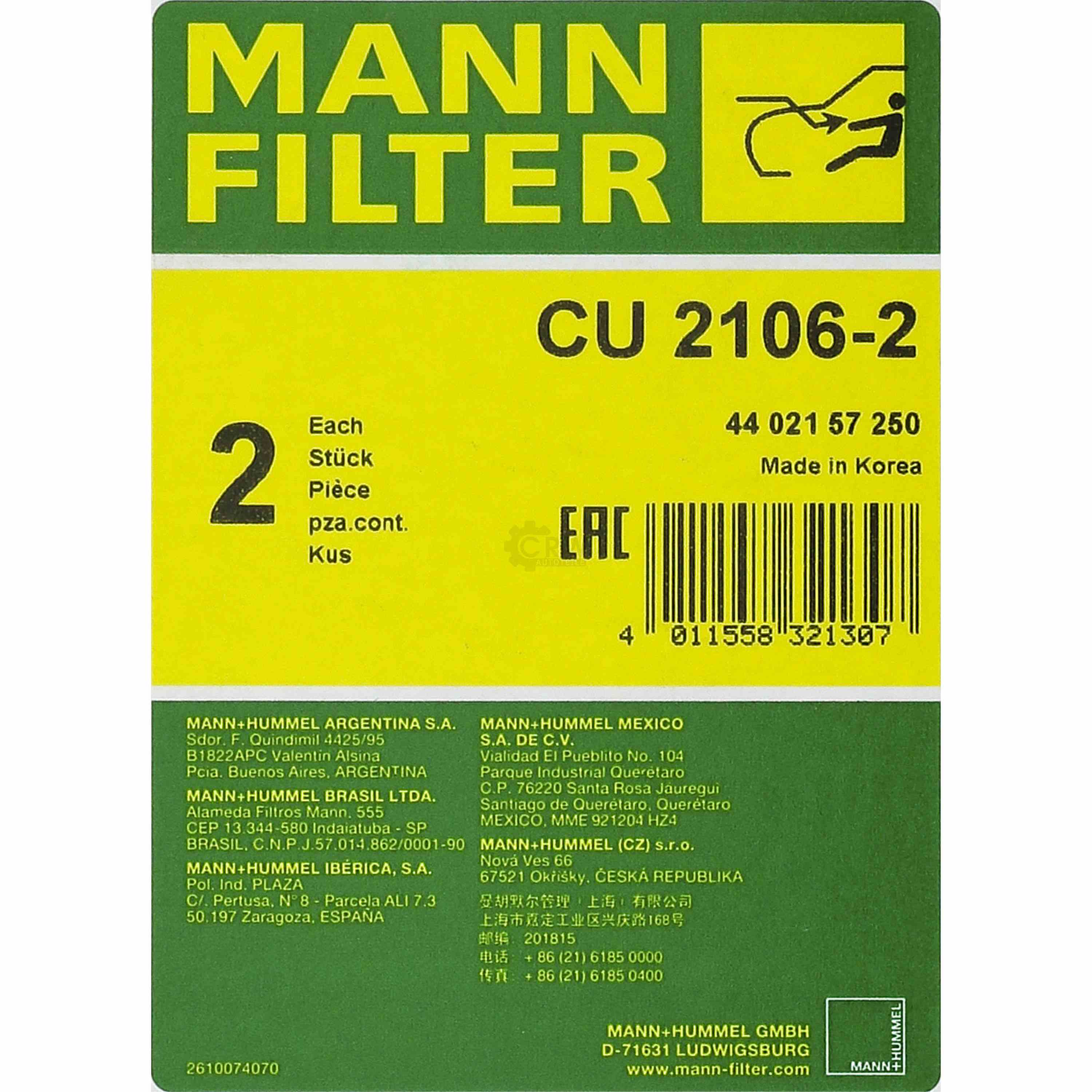 MANN-FILTER Innenraumfilter Pollenfilter CU 2106-2