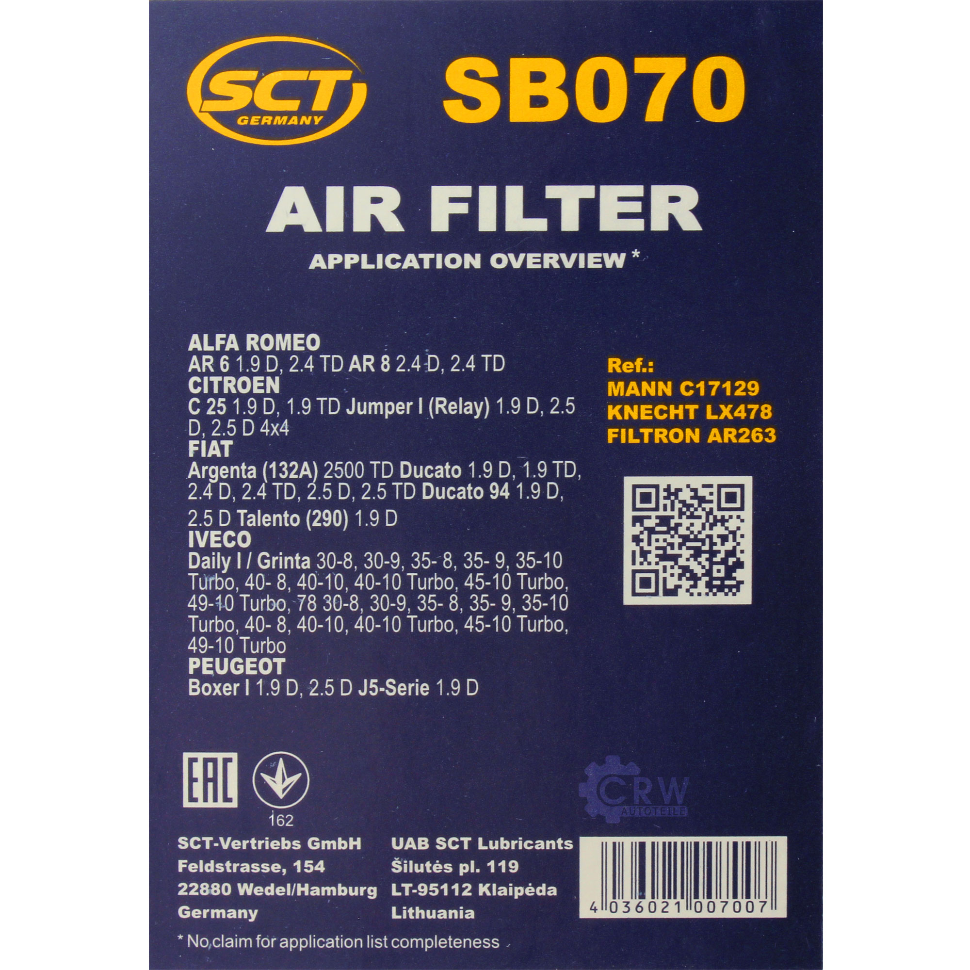 Luftfilter SB 070 für Tata Loadbeta Sierra Iveco Daily I Pritsche/Fahrgestell Kasten/Kombi 280_ 290_ 230
