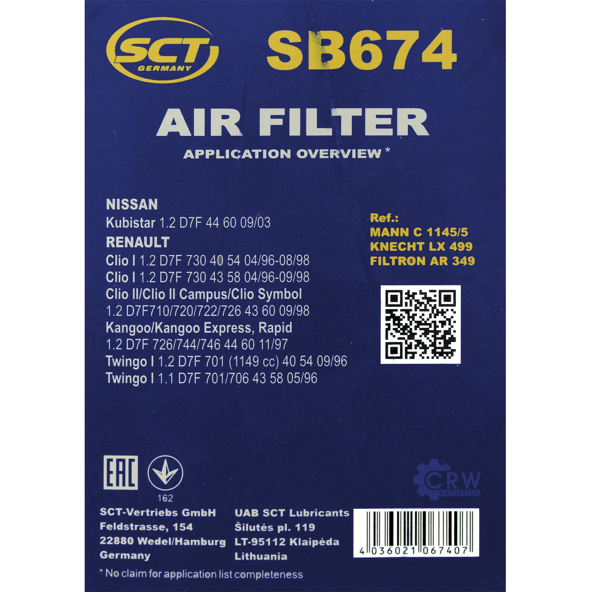 SCT Luftfilter Motorluftfilter SB 674 Air Filter
