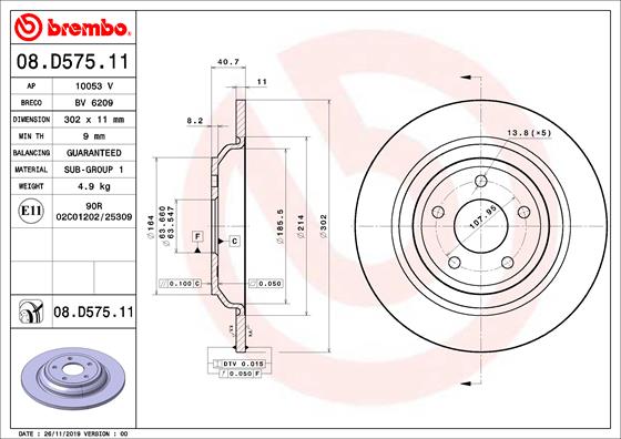 BREMBO Bremsscheibe hinten Ø302 mm Voll beschichtet für Ford Focus III