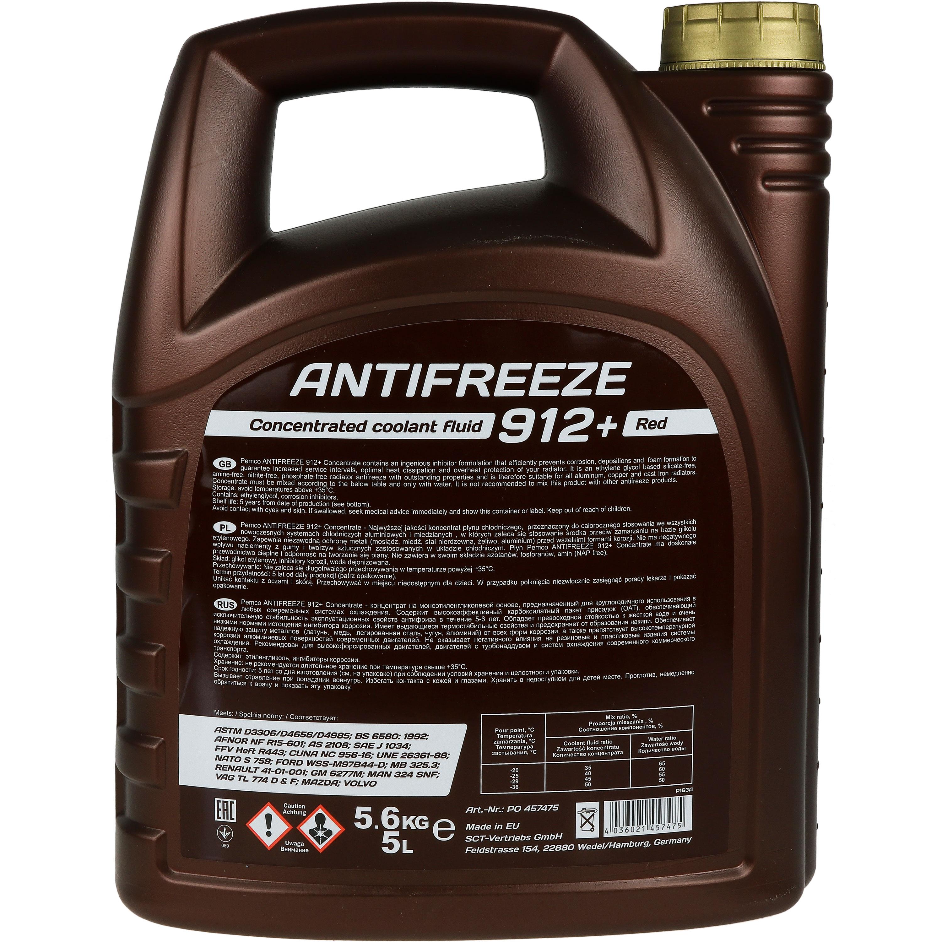 5 Liter PEMCO Frostschutz ANTIFREEZE 912+ Konzentrat  Kühlflüssigkeiten rot