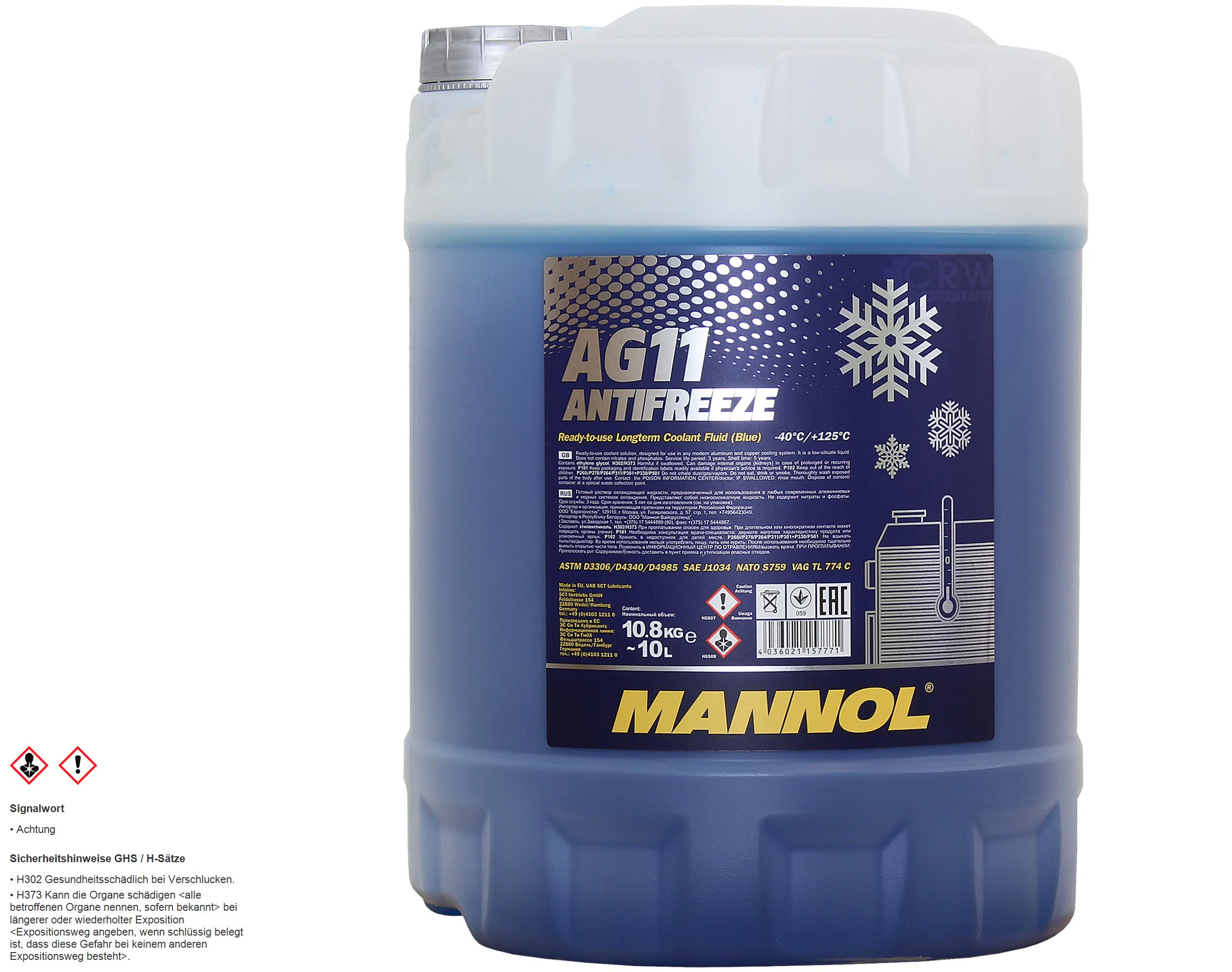 10 Liter MANNOL Kühlerfrostschutz Longterm Antifreeze AG11 -40°C blau Typ G11