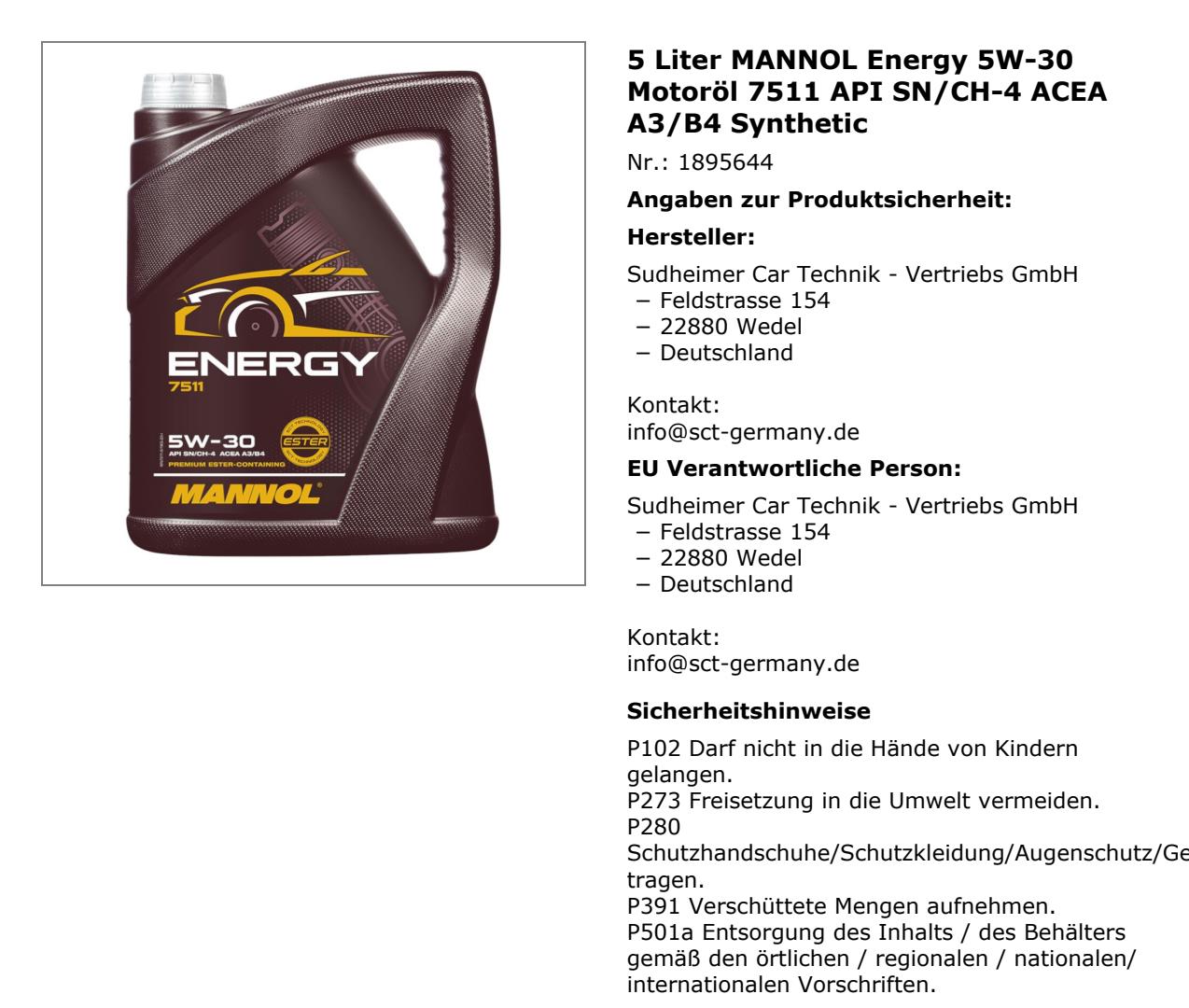 5 Liter MANNOL Motoröl Energy 7511 5W-30 API SN/CH-4 ACEA A3/B4 Engine Oil Öl