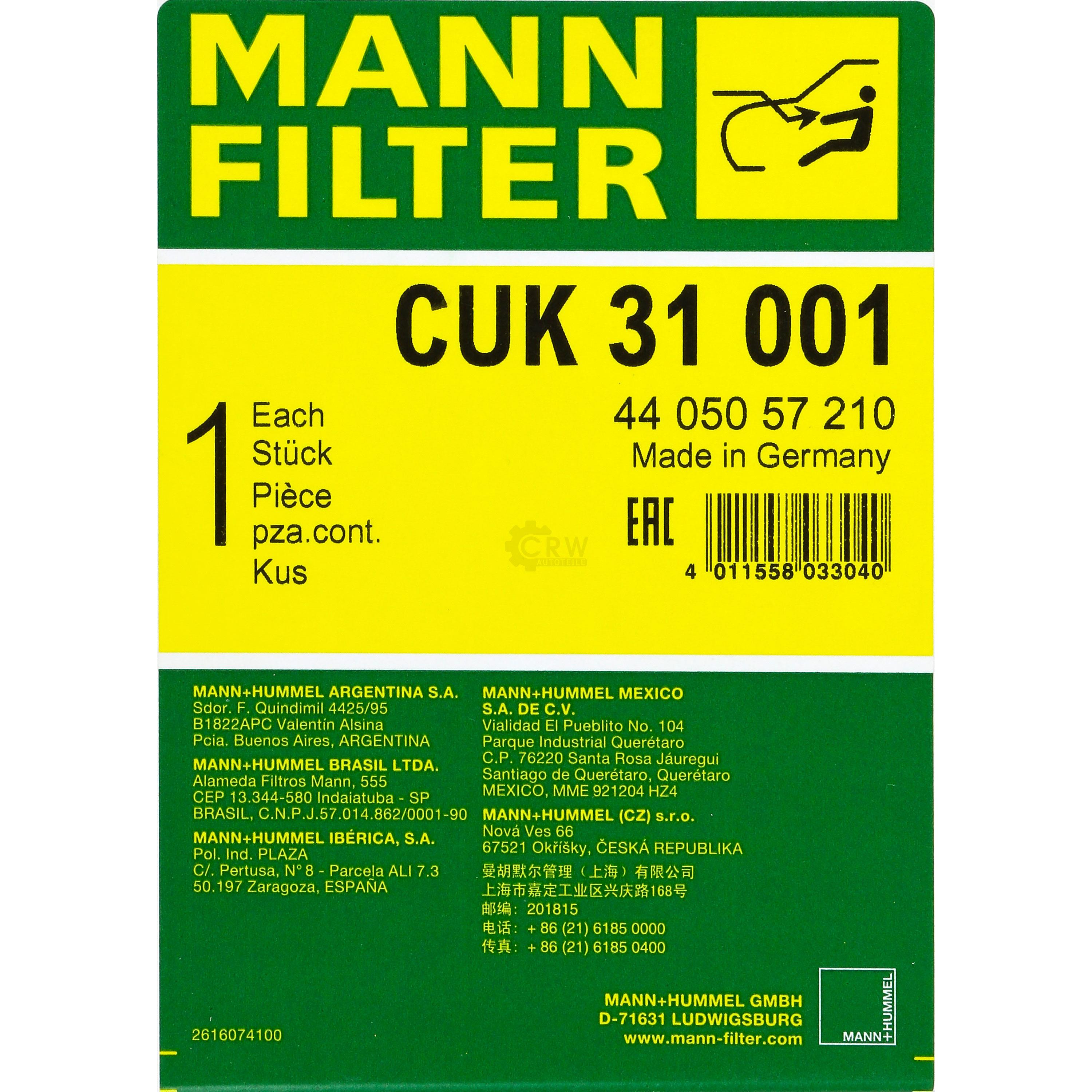 MANN-FILTER CUK 31 001 Innenraumluft Pollenfilter Innenraumfilter
