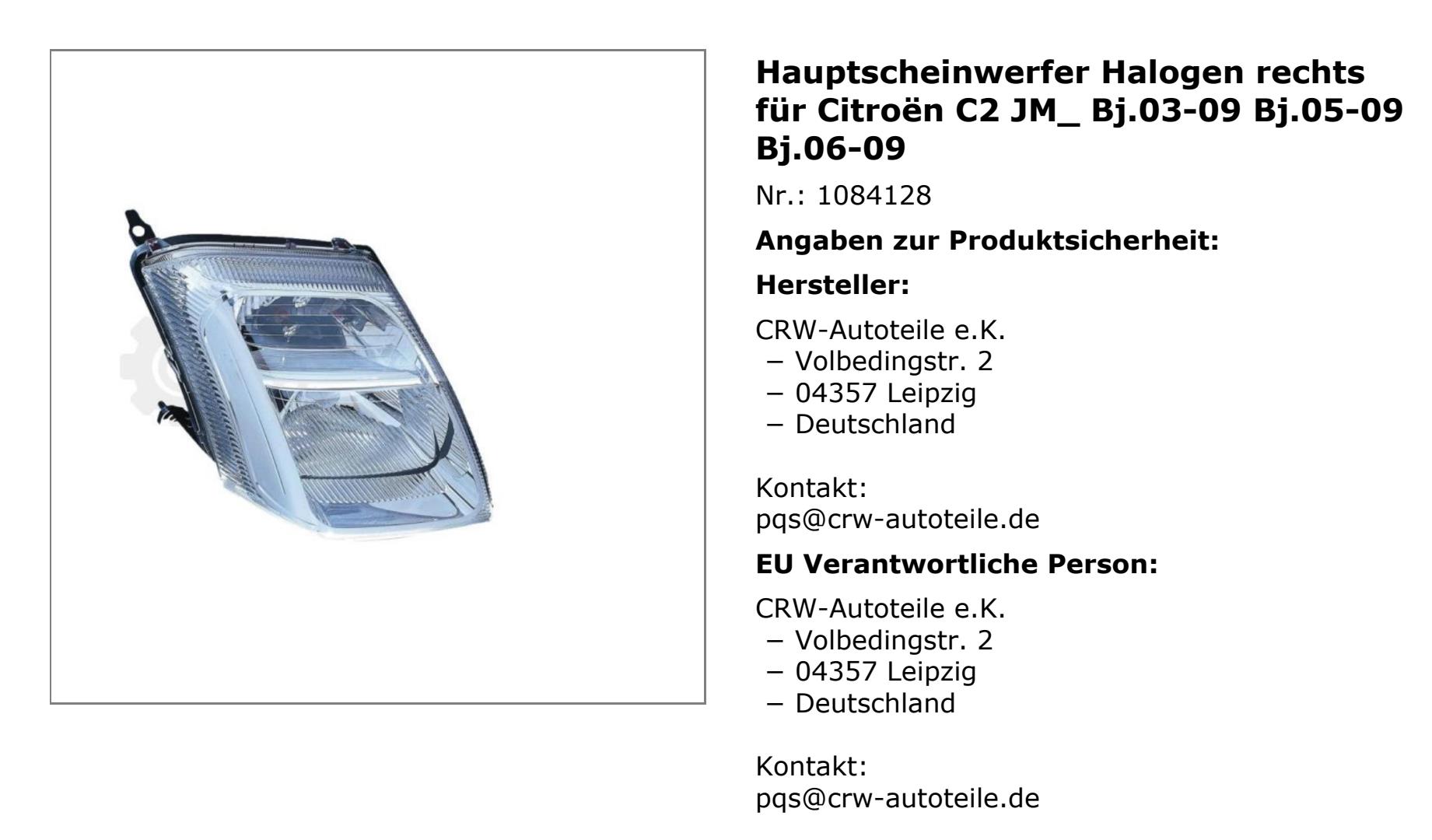 Halogen Scheinwerfer rechts für Citroen C2 10.03-12.07 H4 mit Motor 8NT