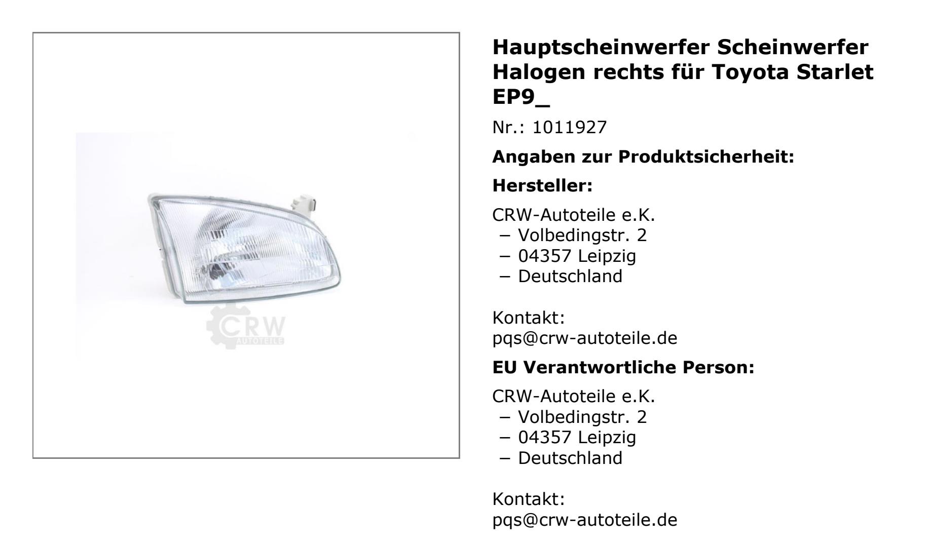 Halogen Scheinwerfer rechts für Toyota STARLET P9 Bj. 04/96-03/99 H4