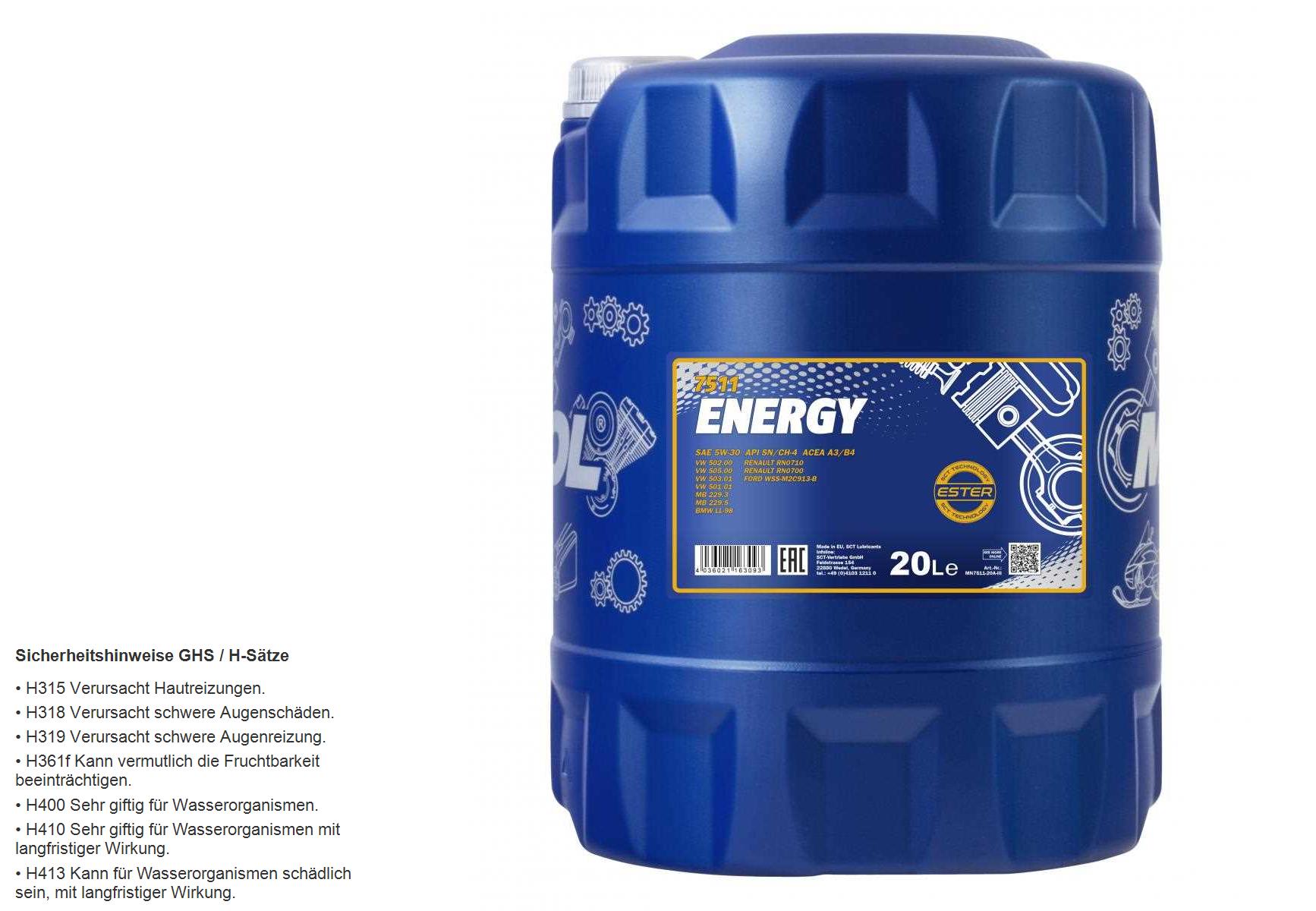 20 Liter MANNOL Motoröl Energy 7511 5W-30 API SN/CH-4 ACEA A3/B4 Engine Oil Öl