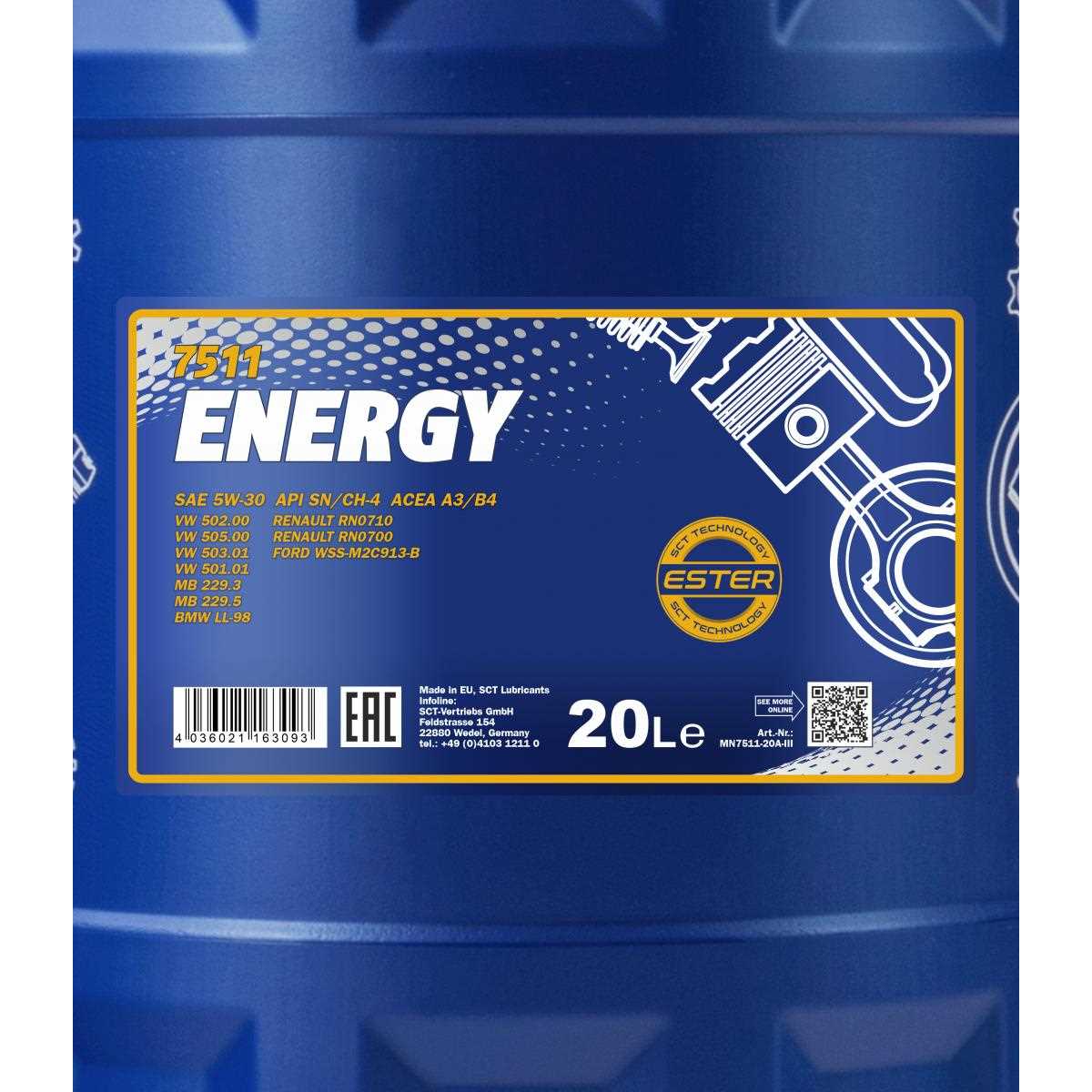 20 Liter MANNOL Motoröl Energy 7511 5W-30 API SN/CH-4 ACEA A3/B4 Engine Oil Öl