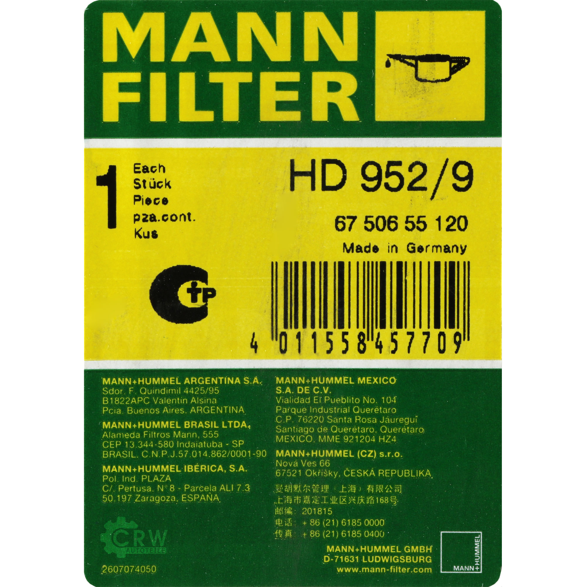 MANN-FILTER Filter für Arbeitshydraulik HD 952/9 Ölfilter Oil