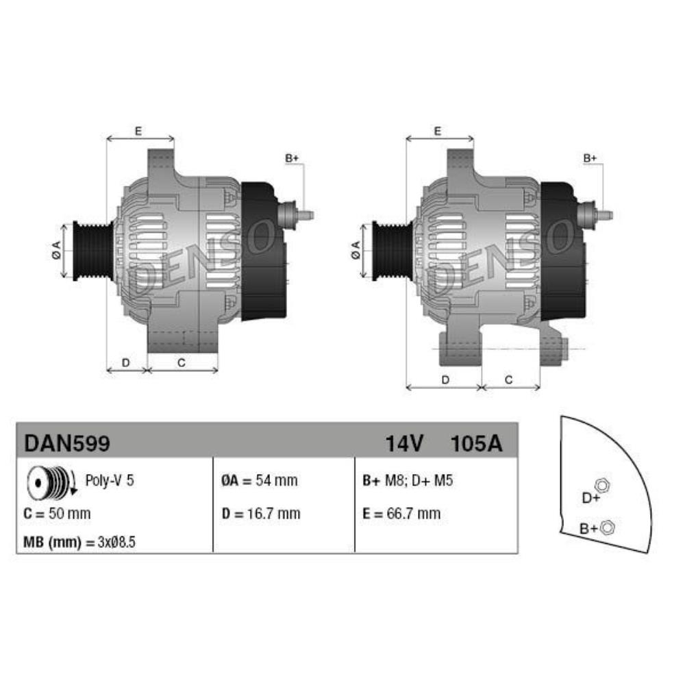 DENSO Generator Lichtmaschine 105A 14V für Fiat Punto Van 199_ 500L Ford KA RU8