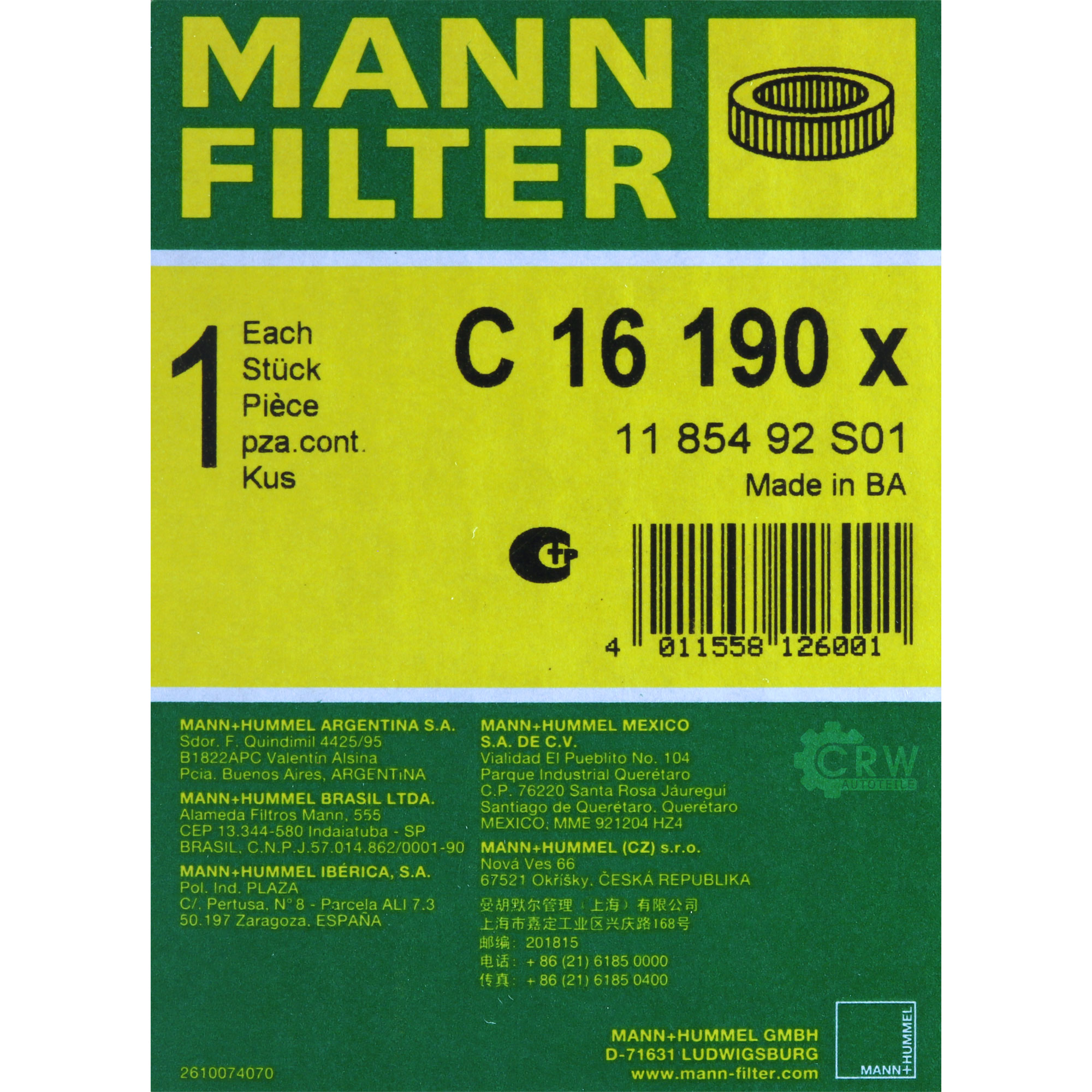 MANN-FILTER Luftfilter C 16 190 x