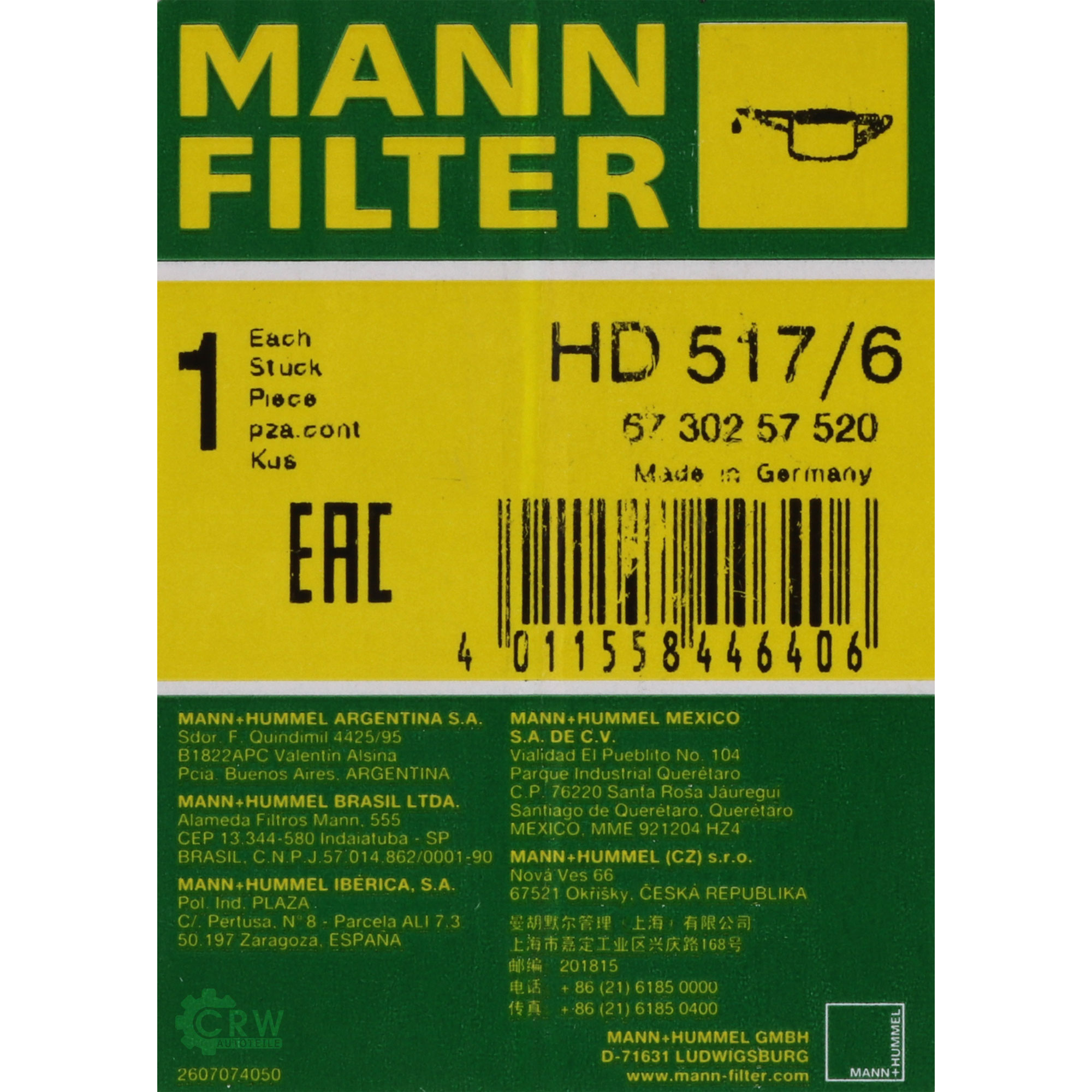 MANN-FILTER HD 517/6 Filter für Arbeitshydraulik Öl Oil