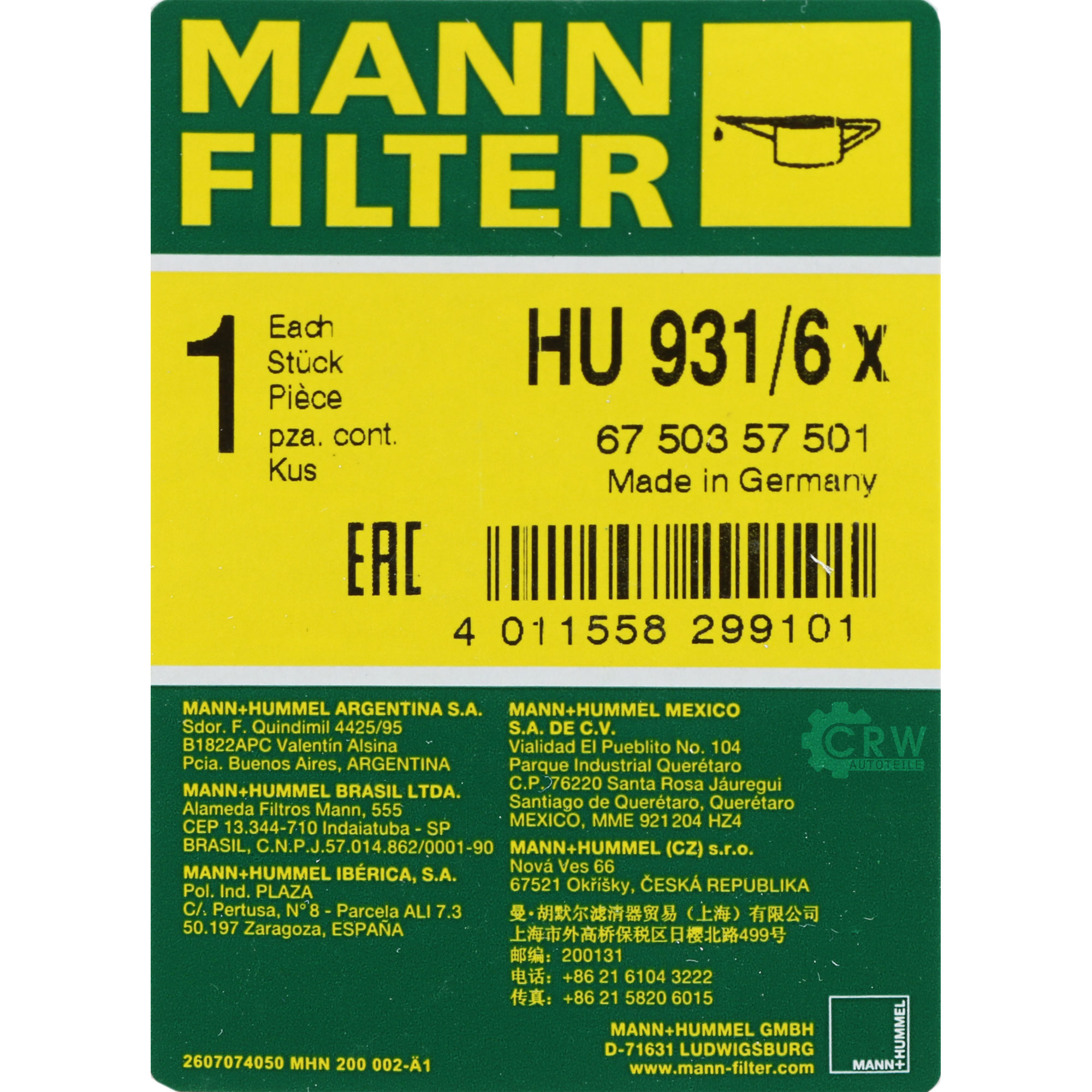 MANN-FILTER Ölfilter Oelfilter HU 931/6 x Oil Filter