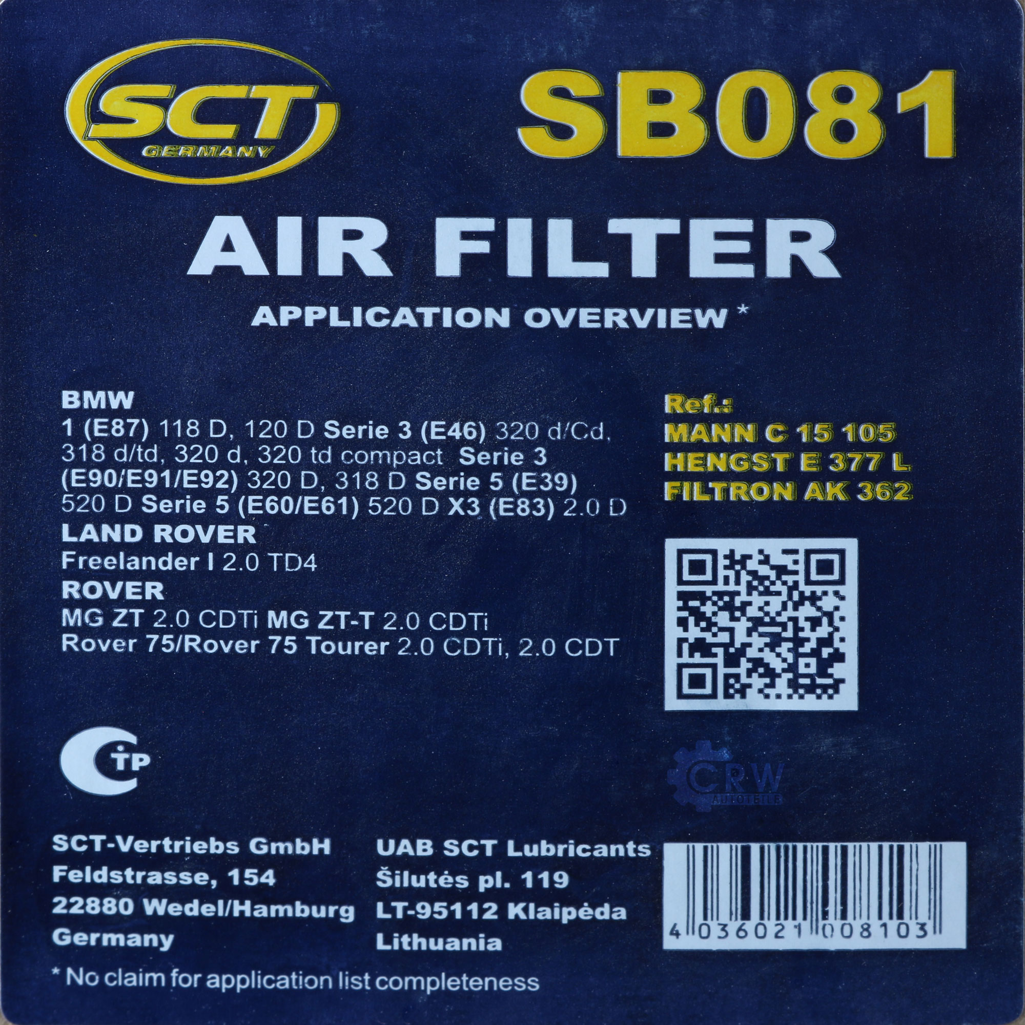 SCT Luftfilter Motorluftfilter SB 081 Air Filter