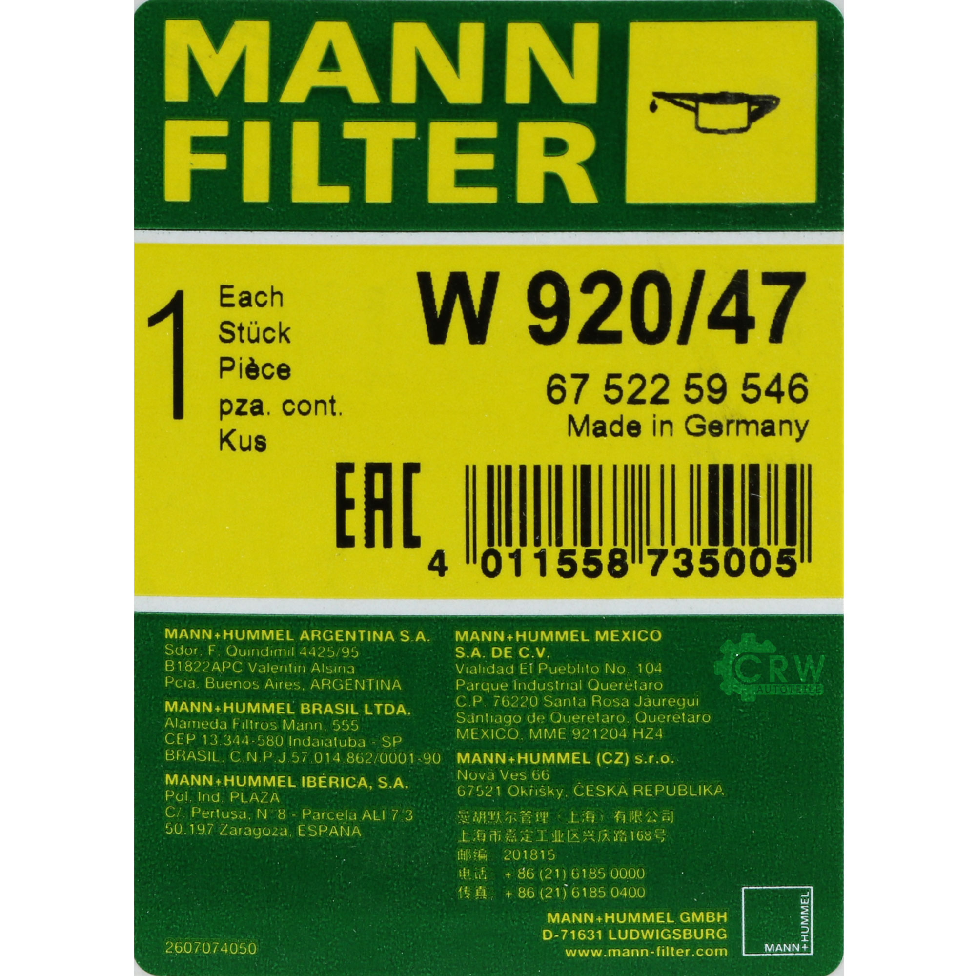 MANN-FILTER Ölfilter W 920/47 Oil Filter