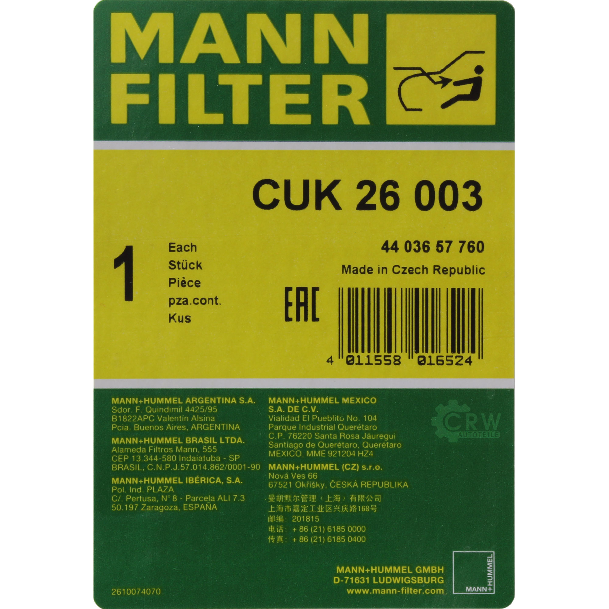 MANN-FILTER Innenraumfilter Pollenfilter Aktivkohle CUK 26 003