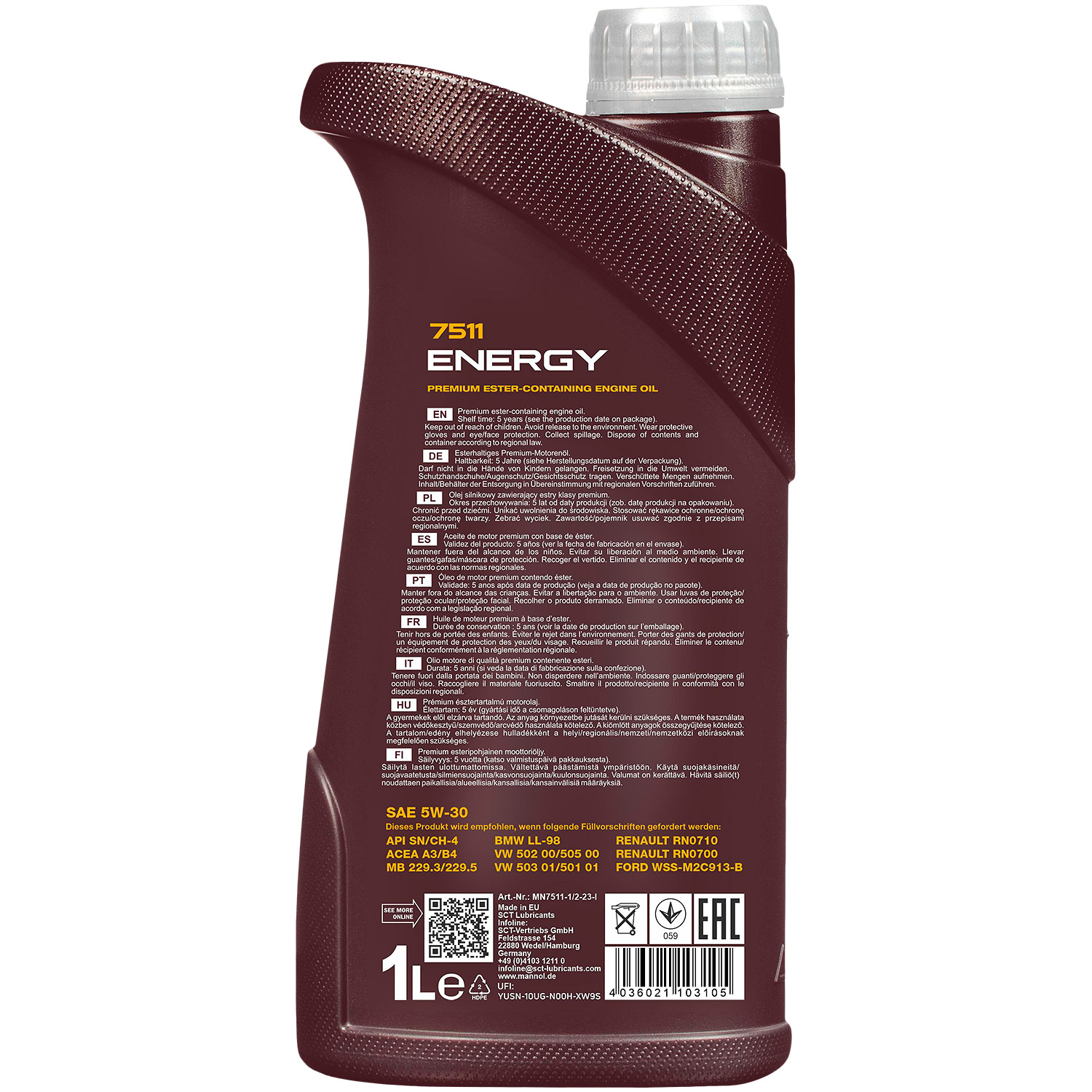 1 Liter MANNOL Motoröl Energy 7511 5W-30 API SN/CH-4 ACEA A3/B4 Engine Oil Öl