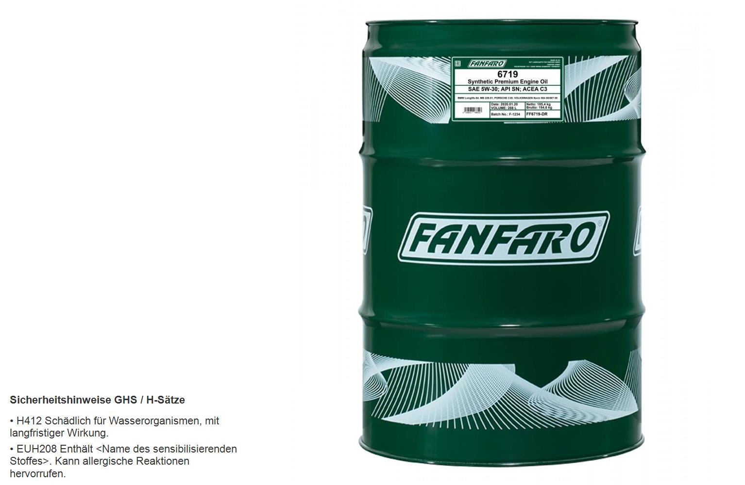 208 Liter FANFARO FF6719 O.E.M. 5W-30 Leichtlauf Motoröl API SN ACEA C3