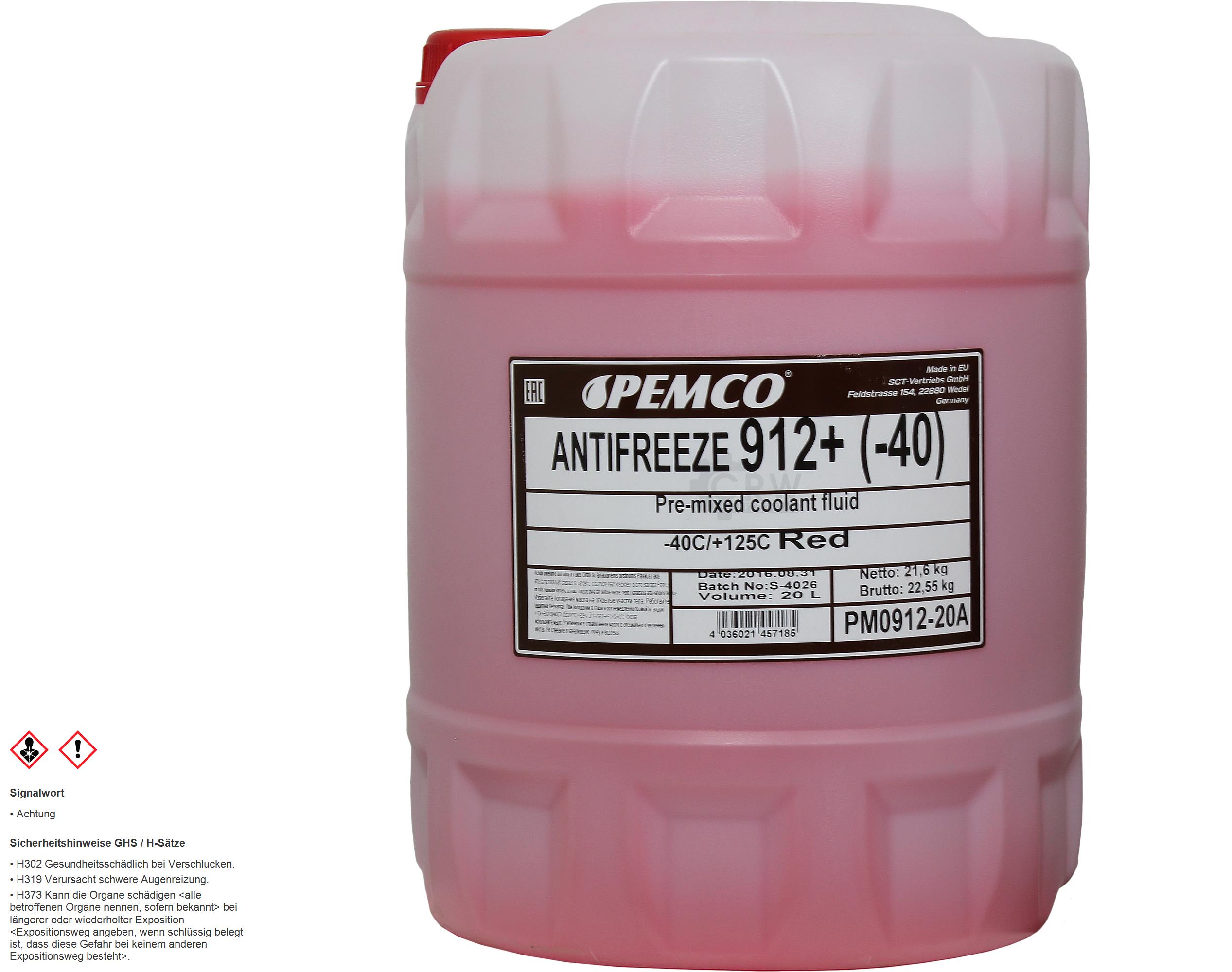 20 Liter PEMCO Kühlerfrostschutz Antifreeze 912+ (-40) ROT ROSA