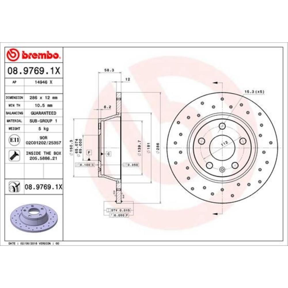 BREMBO Bremsscheibe hinten Ø286 mm Voll Gelocht für Audi TT 8J3 Roadster 8J9