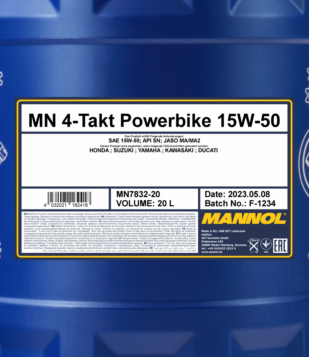 20 L Motoröl MN7832-20 SAE 15W-50 API SN JASO MA/MA2