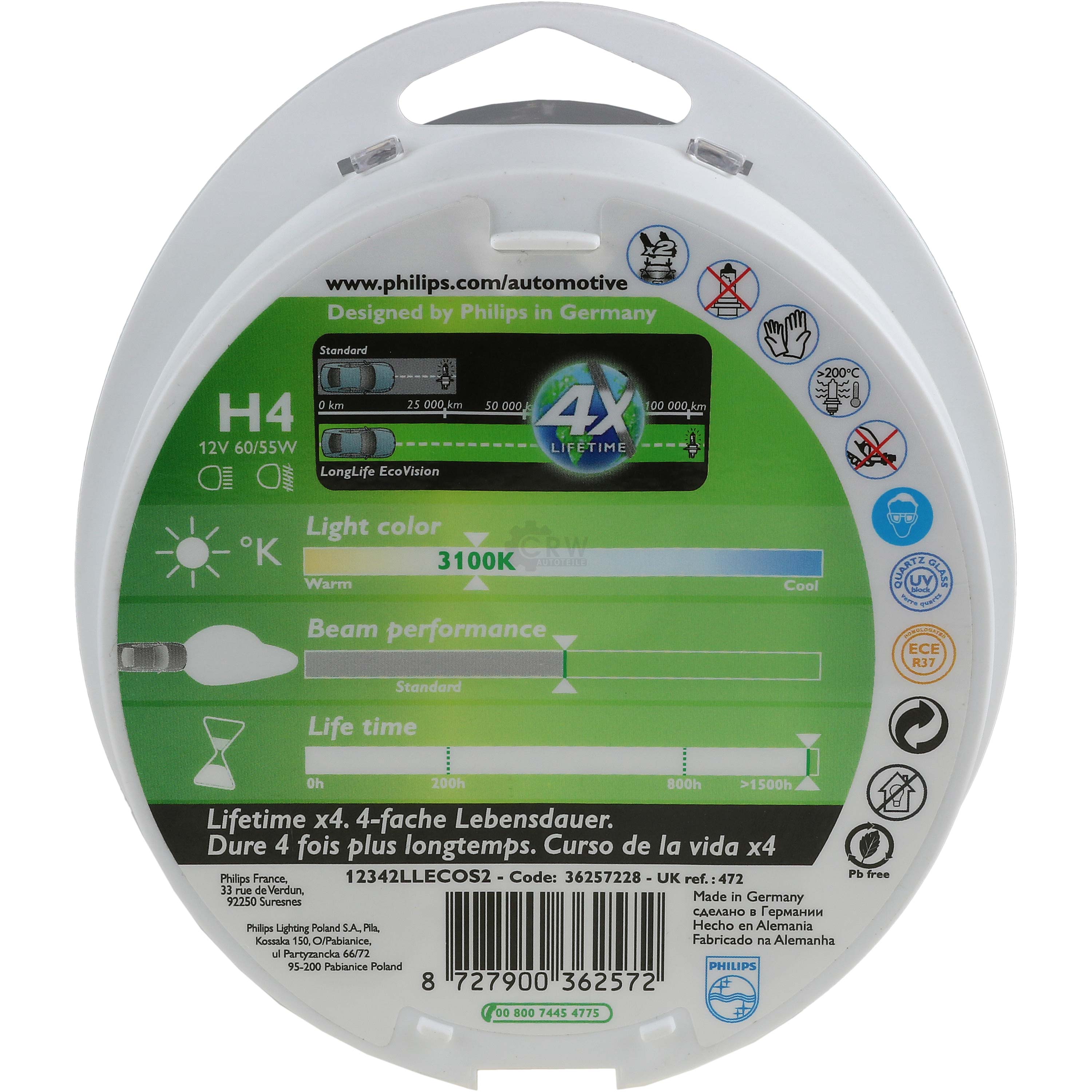 Philips Long Life Eco Vision H4 12V 60/55W Sockel P43t Halogen
