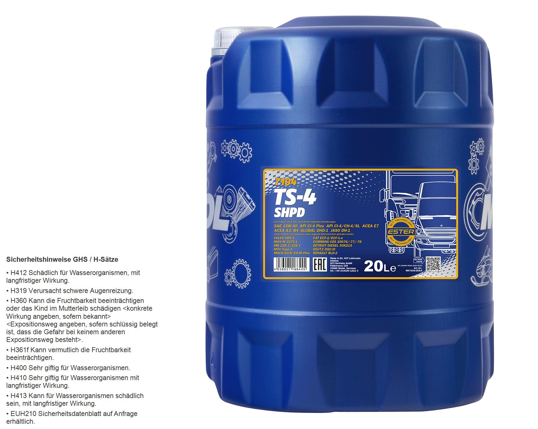 20 Liter Orignal MANNOL Motoröl TS-4 SHPD 15W-40 API Engine Oil Öl LKW Busse