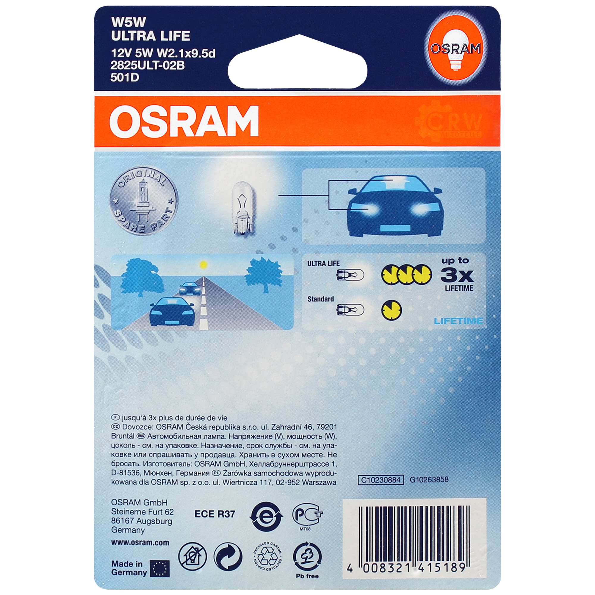 OSRAM W5W 12V 5W Halogen Ultra LIFE Blister Set 2 Stück Lampe Birne  2825ULT-02B