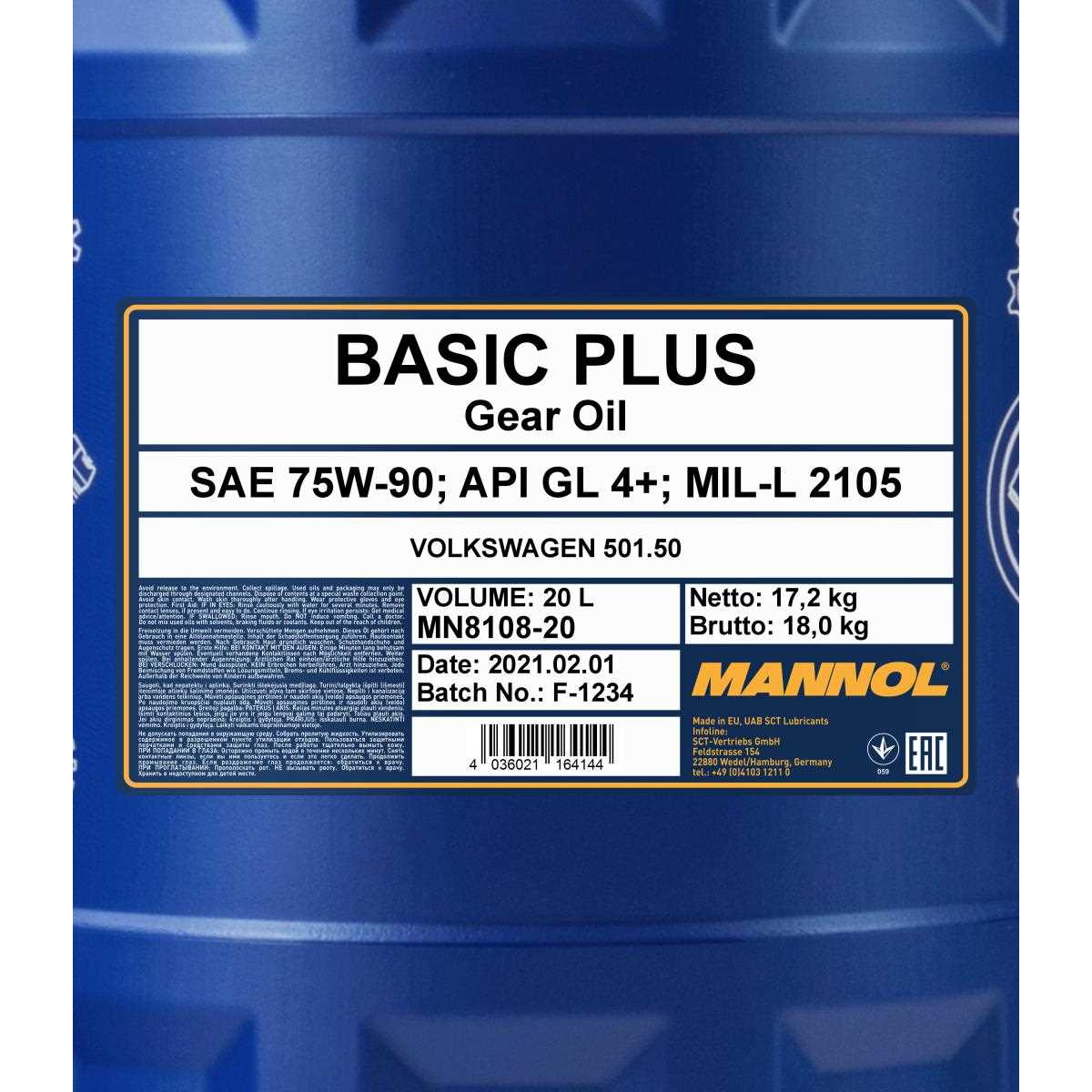 20 Liter MANNOL Getriebeöl Basic Plus 8108 75W-90 API GL4+ Gear Oil