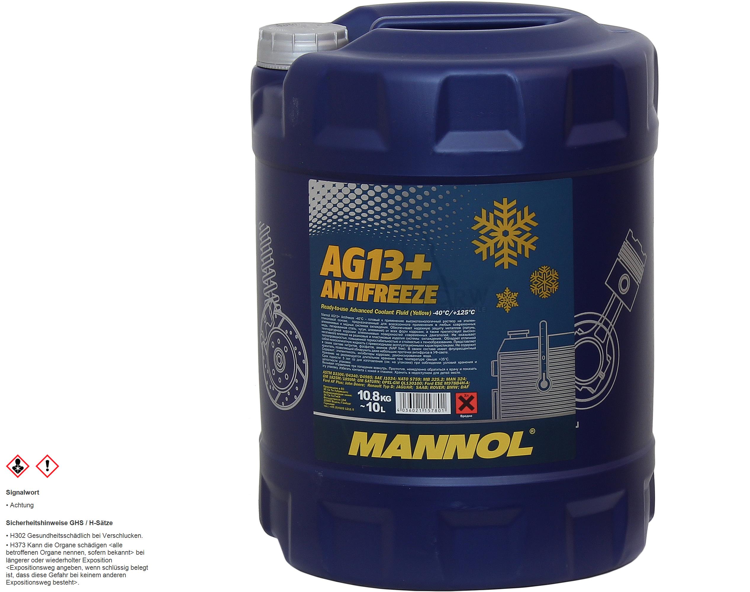 10 Liter MANNOL Kühlerfrostschutz Advanced Antifreeze AG13+ -40°C Gelb G13+