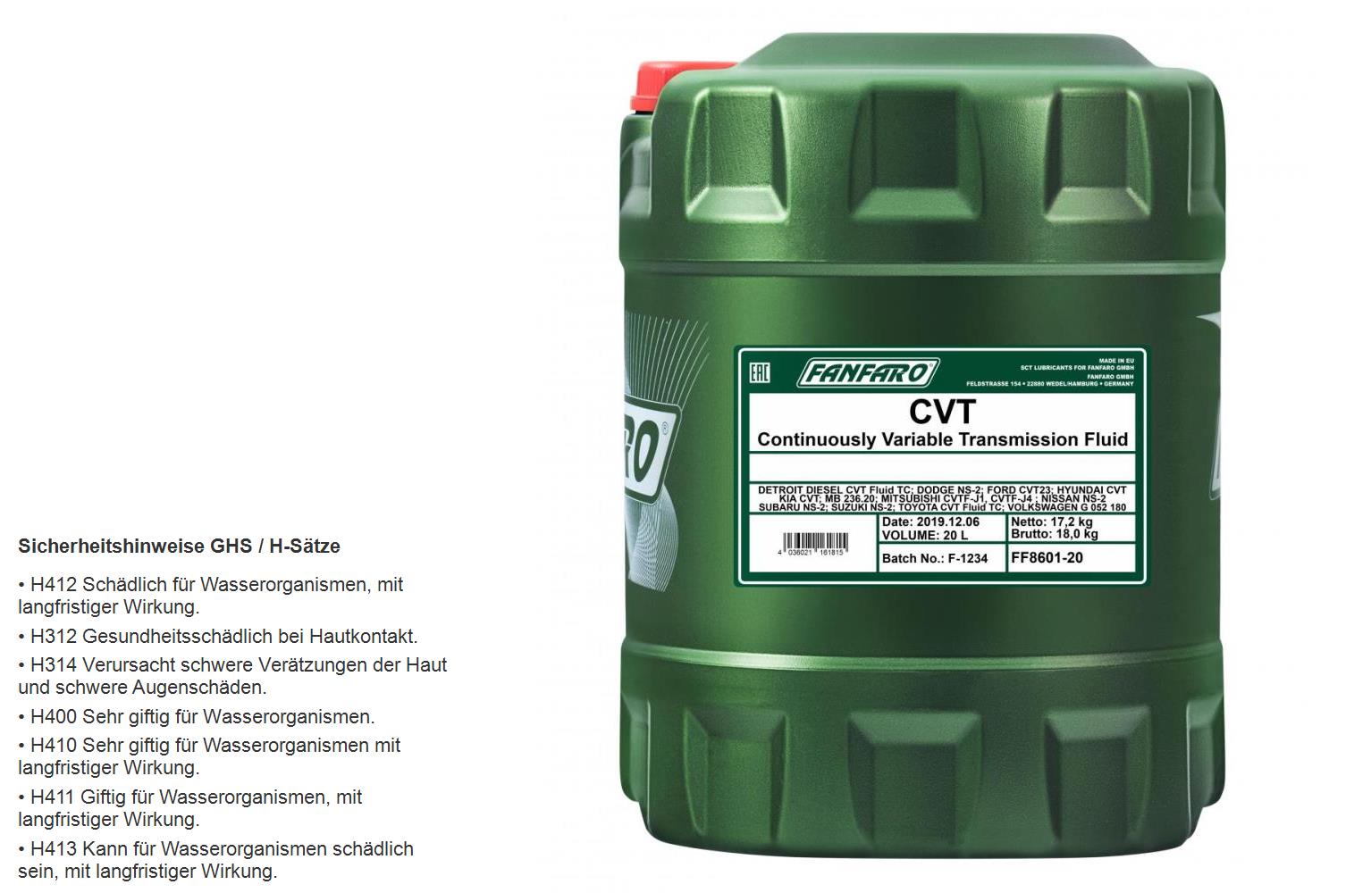 20 Liter  FANFARO Automatikgetriebeöl CVT Automatic Gear Oil Öl