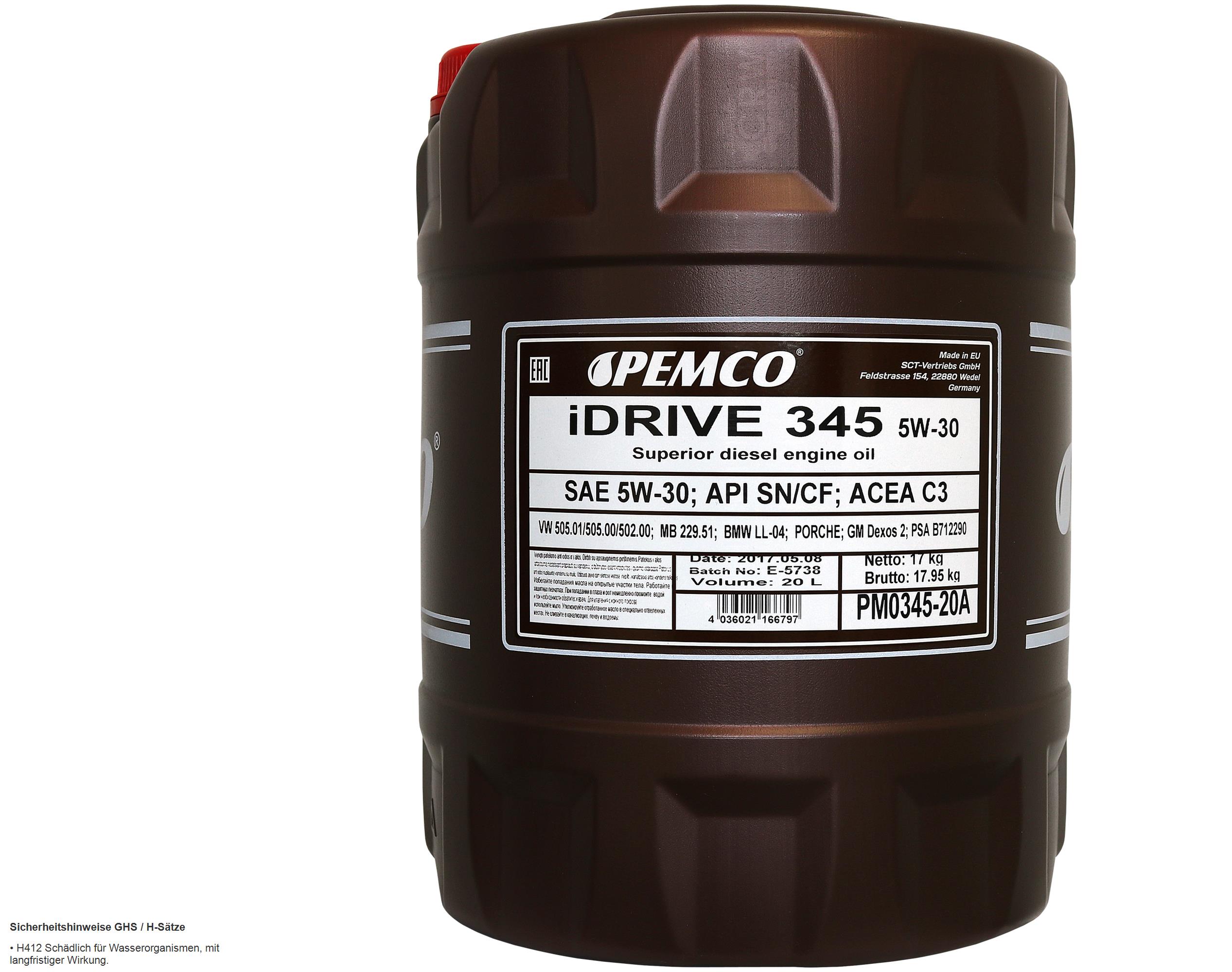 20 Liter Orignal PEMCO Motoröl iDRIVE 345 5W-30 API SN/CF Engine Oil Öl