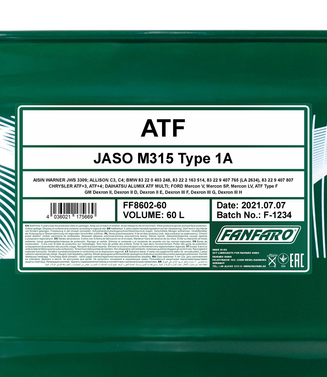 60 Liter  FANFARO Automatikgetriebeöl ATF Universal Full Synthetic