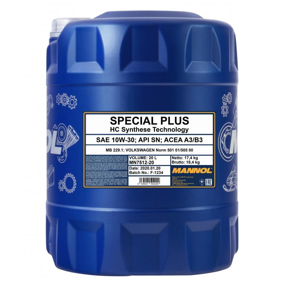 MANNOL 20 Liter 7512 Special Plus 10W-30 Premium Motoröl API SN ACEA A3/B3