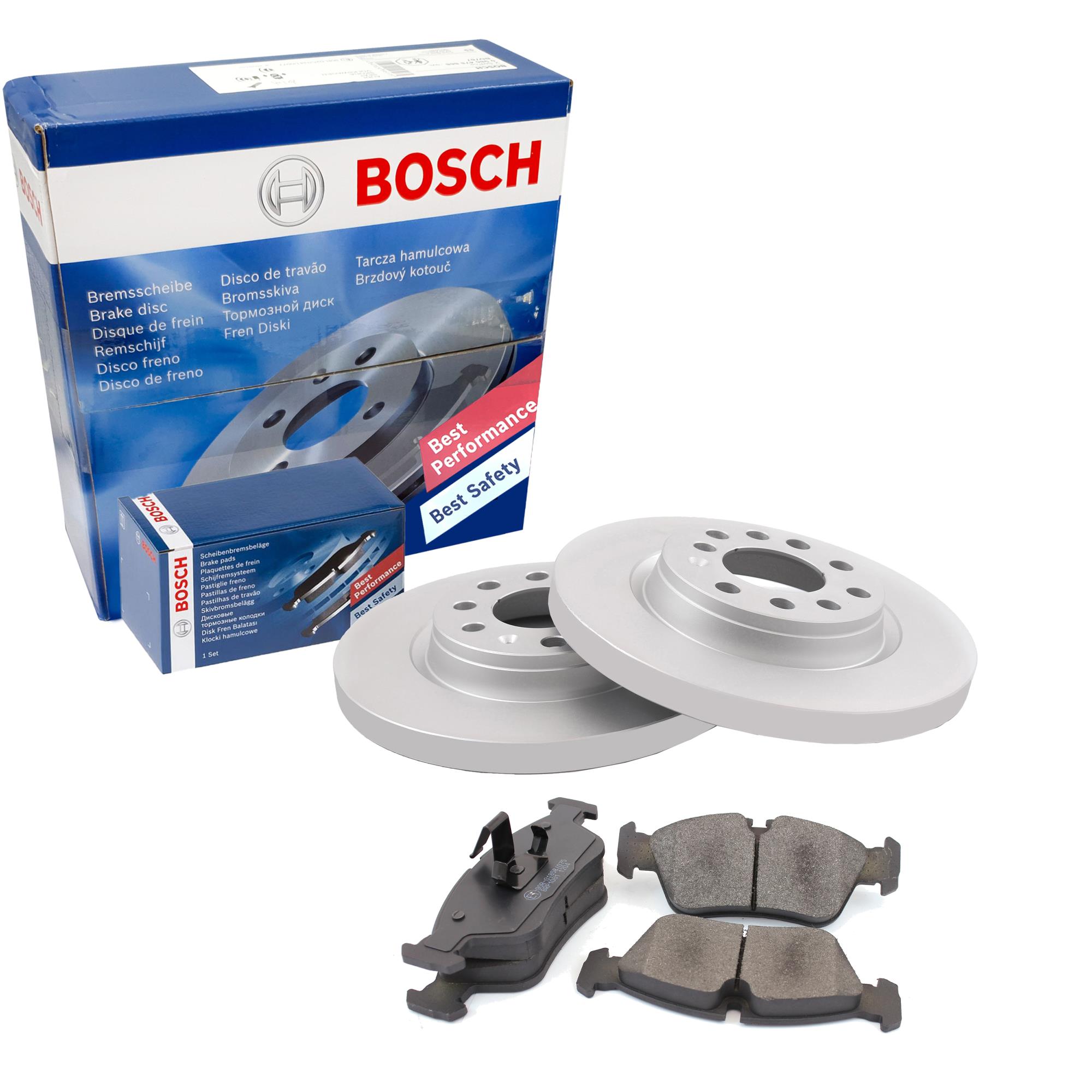 BOSCH Satz Bremsbeläge + Bremsscheiben Voll hinten für VW Touran 1T1 1T2 Golf