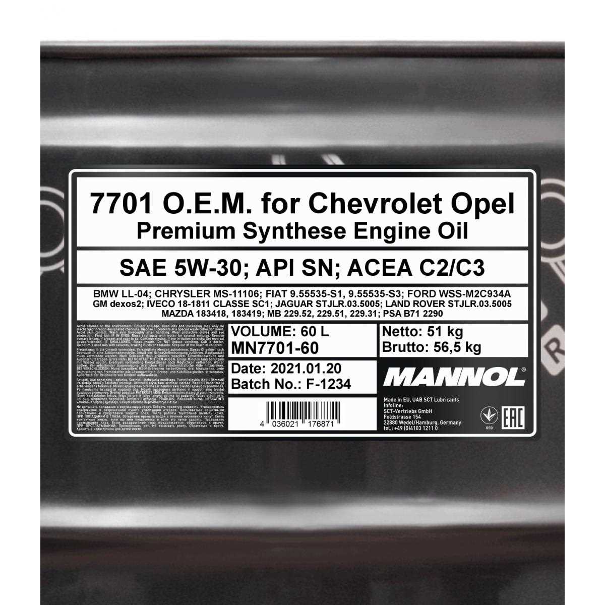 60 Liter MANNOL für Chevrolet Opel 5W-30 API SN ACEA C3 Engine Oil Motoröl