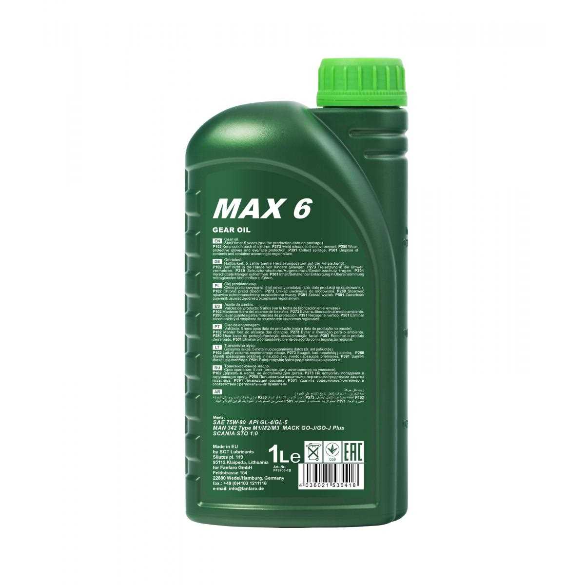1 Liter FANFARO Getriebeöl MAX 6 75W-90 API GL-4/GL-5 Gear Oil Öl