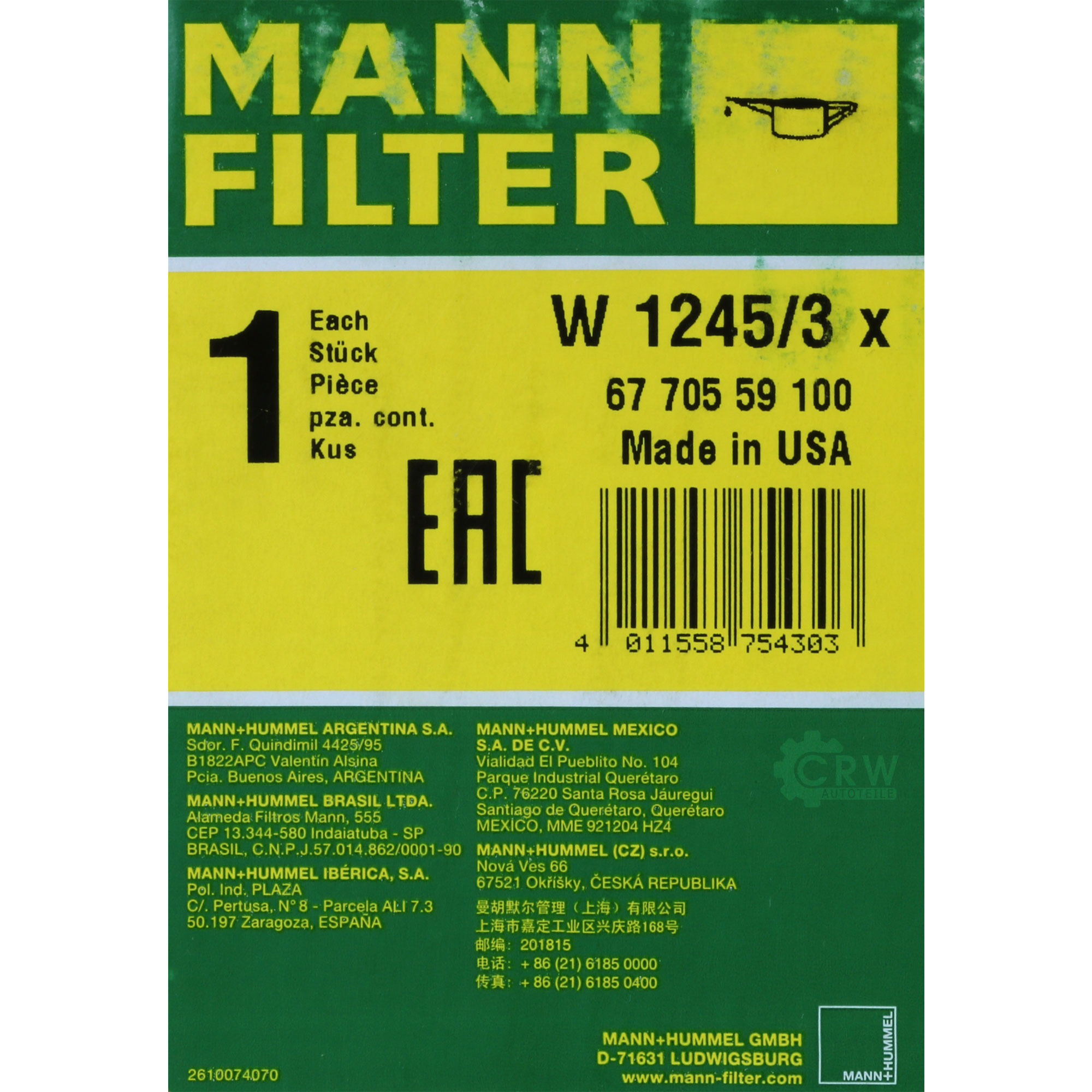 MANN-FILTER Hydraulikfilter für Automatikgetriebe W 1245/3 x