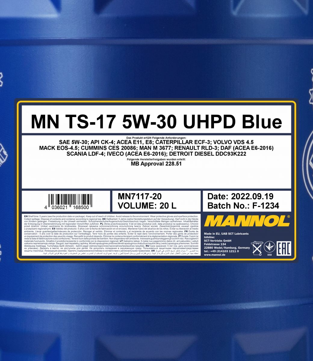 MANNOL 20 Liter TS-17 UHPD Blue 5W-30 Leichtlauf-Motoröl ACEA E6/E7