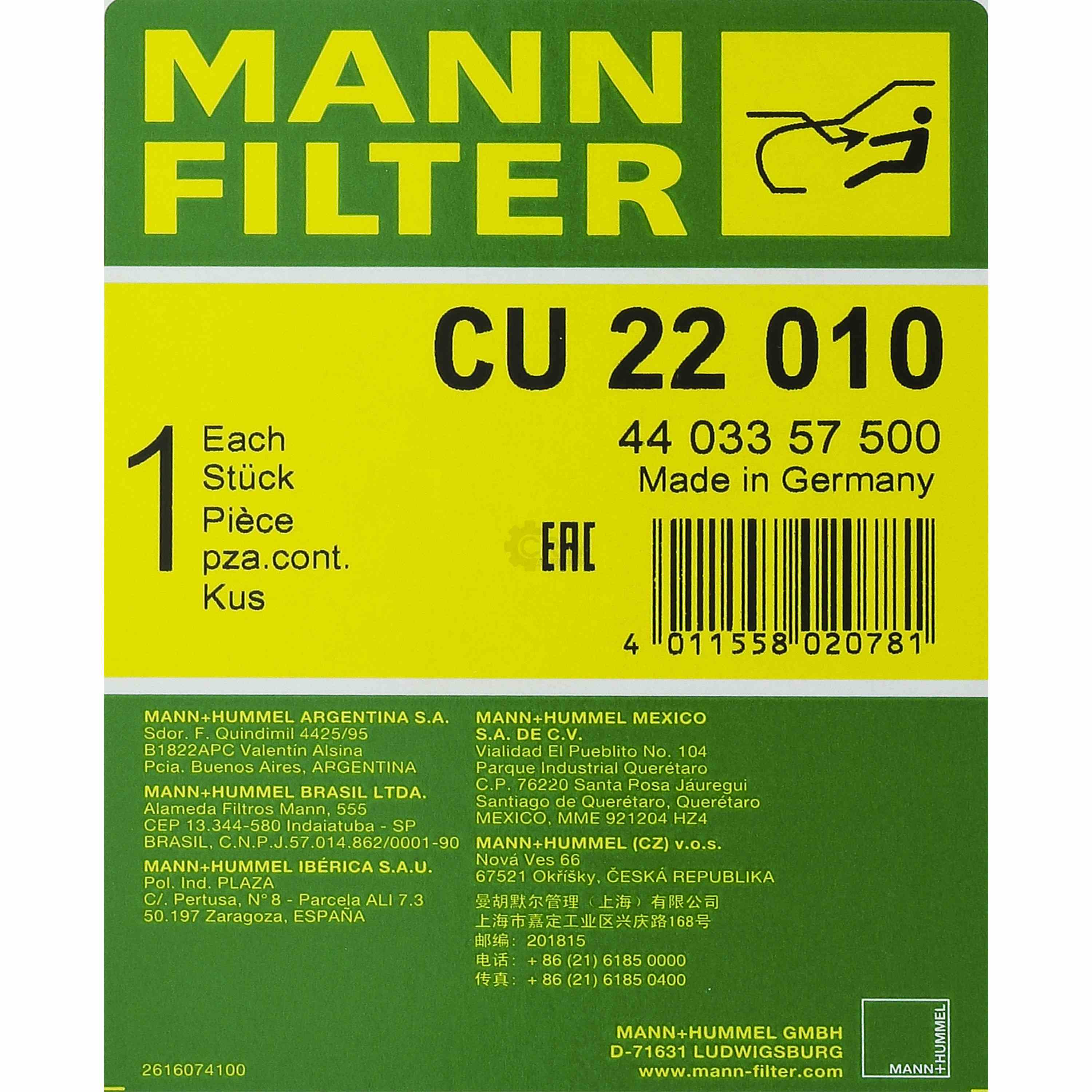 MANN-FILTER Innenraumfilter Pollenfilter CU 22 010