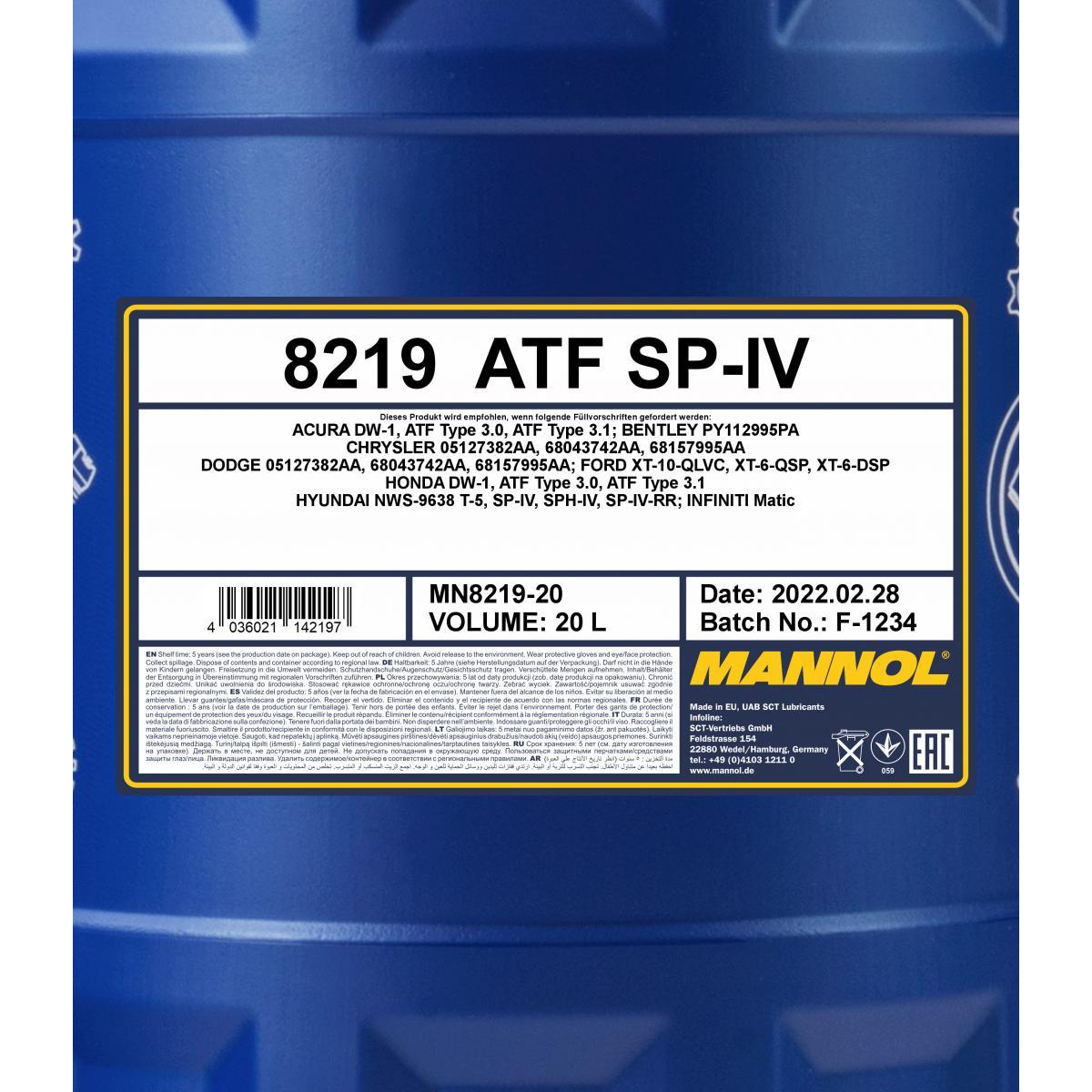 20 Liter MANNOL 8219 ATF SP-IV Getriebeöl gear oil