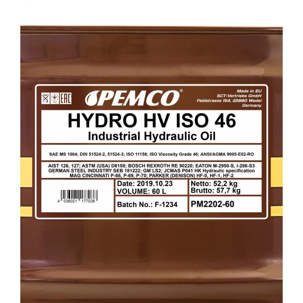 60 Liter  PEMCO Hydrauliköl Hydro HV ISO 46 HKP 68 Oil