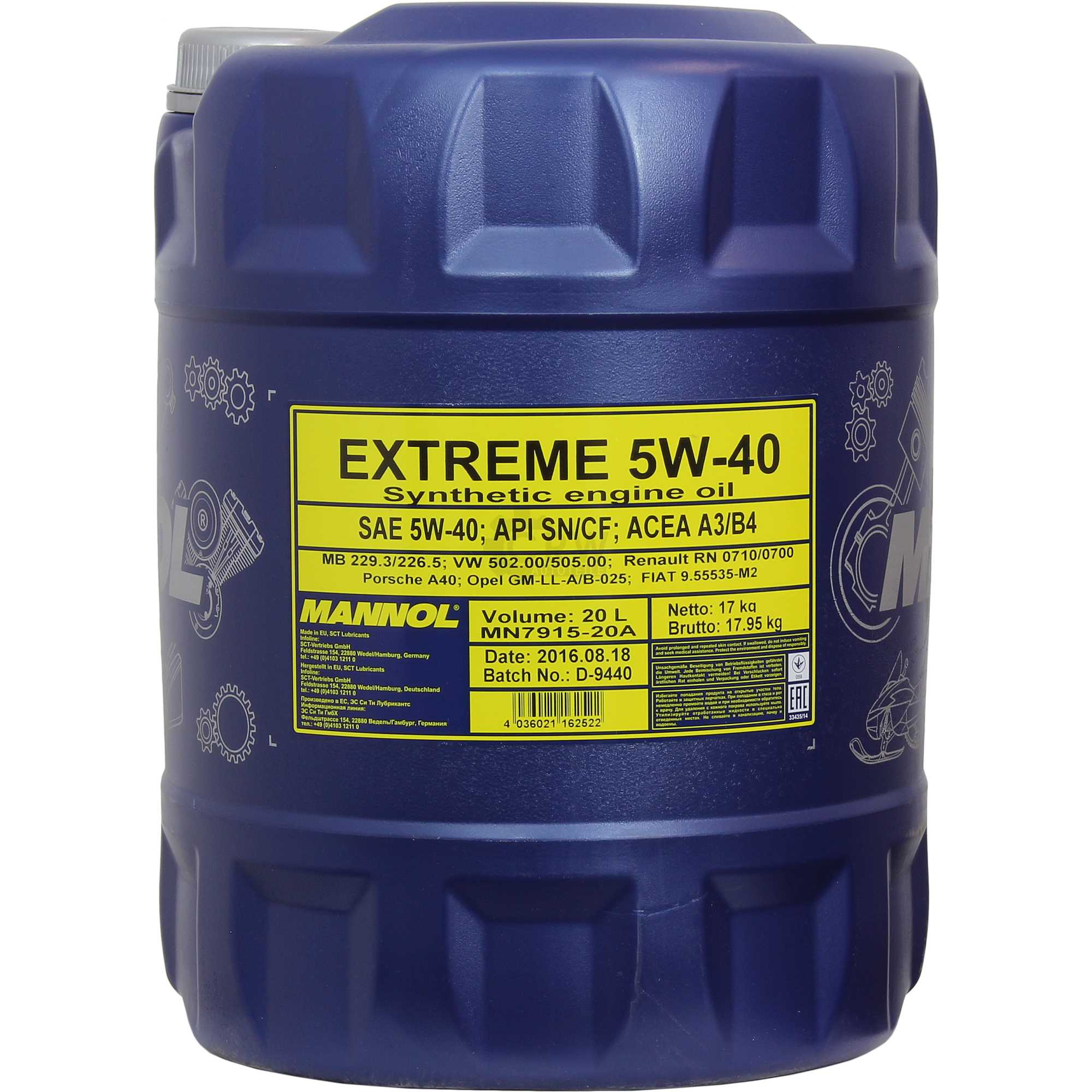  MANNOL 1x20 Liter Extreme 5W-40 API SN/CF Öl Motoröl MN7915-20