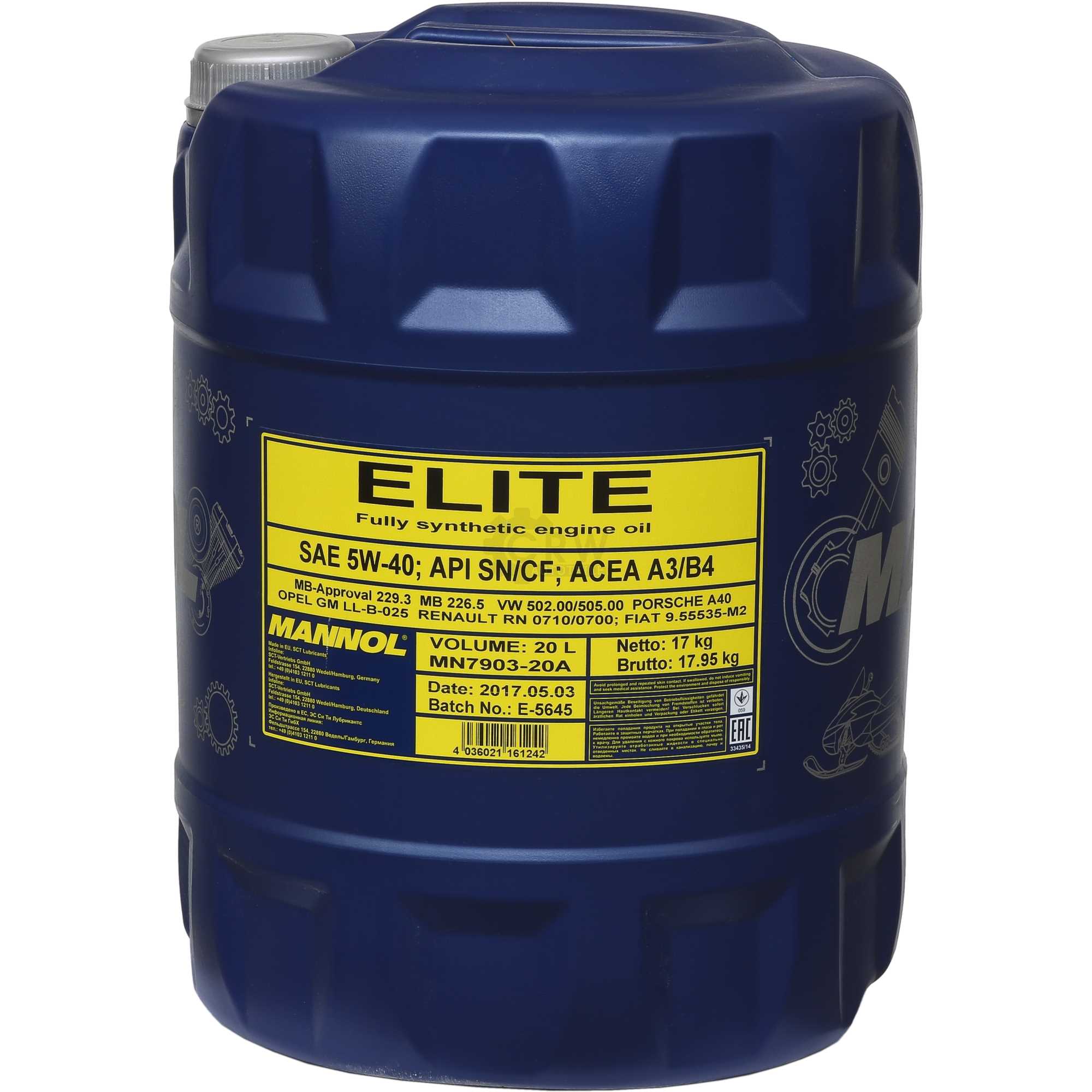 20 Liter Orignal MANNOL Elite 5W-40 API SN/CF Motoröl Engine Oil Öl